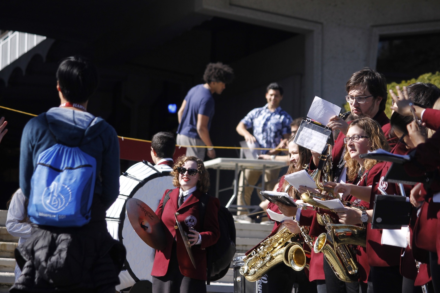 The Harvard University Band welcomes admitted members of the Class of 2022 entering the Students Activities Fair at the SOCH Sunday afternoon.