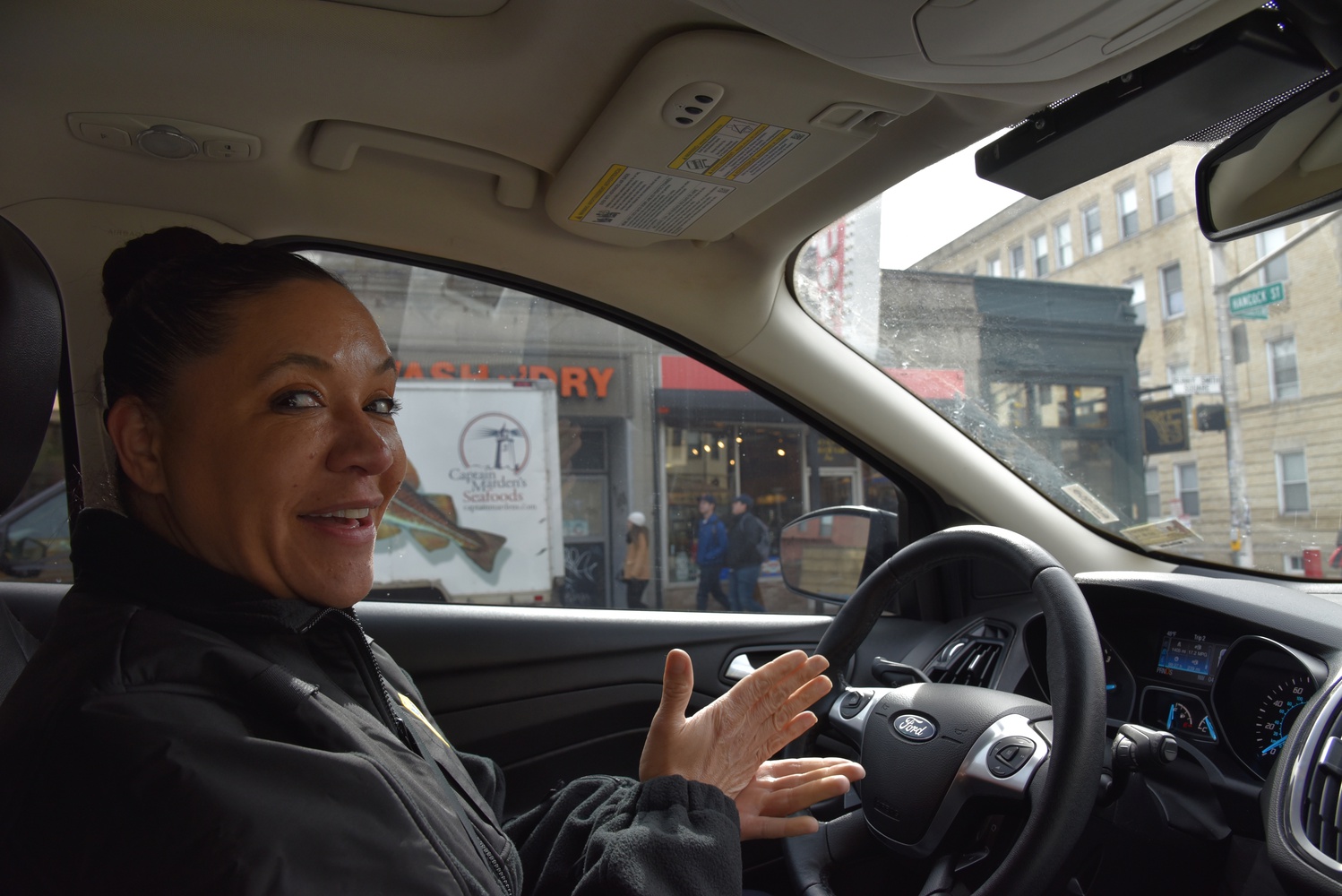 Police Superintendent Christine A. Elow turns to chat during our ride along in Central Square.