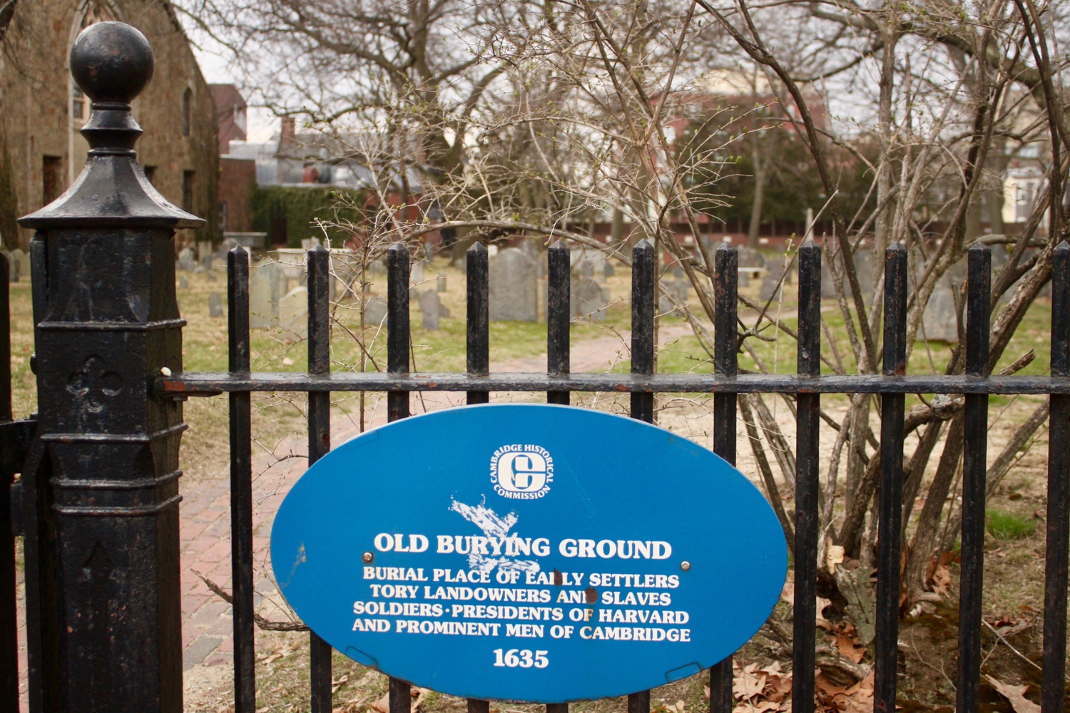 The Old Burying Ground, located on Massachusetts Avenue and Garden Street, opened around 1636. 