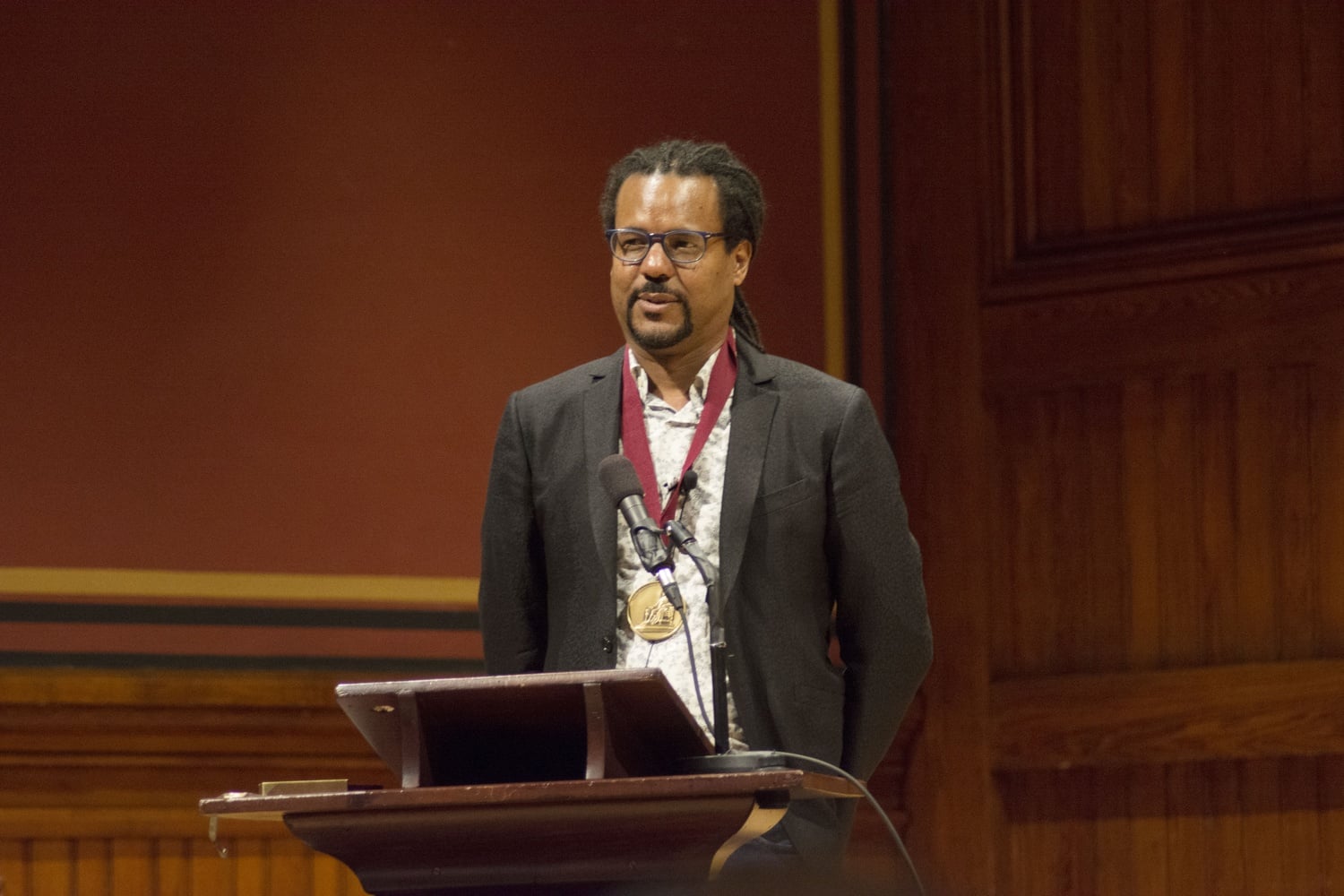 Colson Whitehead receives the Harvard Arts Medal at Sanders Theatre on Thursday afternoon.