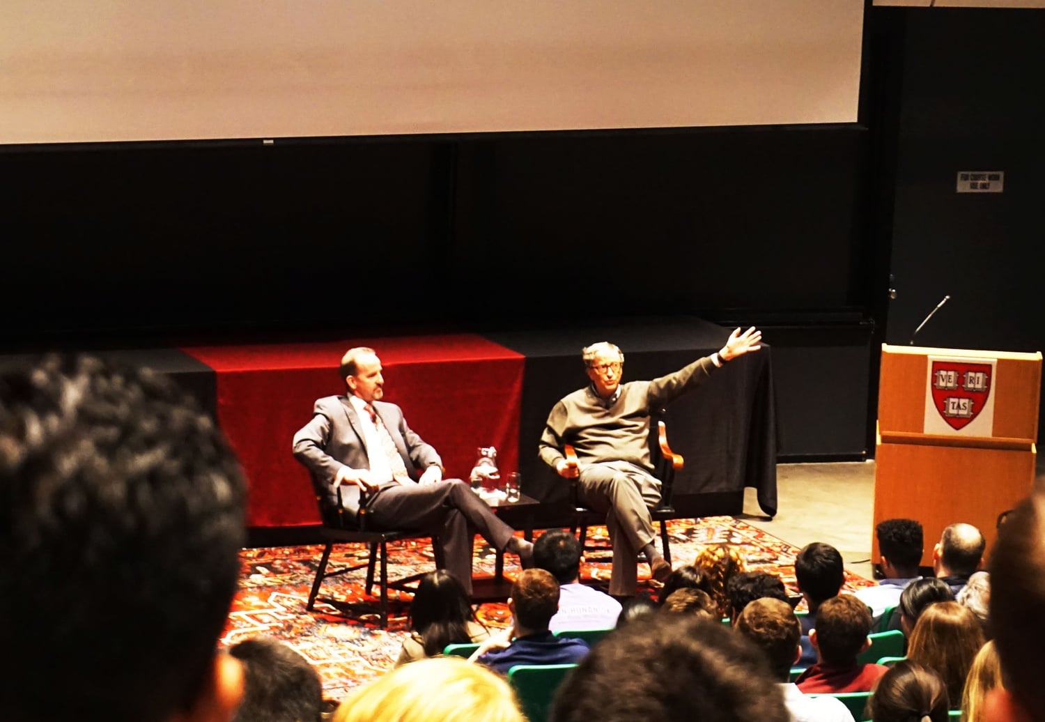 William "Bill" Gates '77 speaks with Dean Francis Doyle in the Science Center on Thursday afternoon.