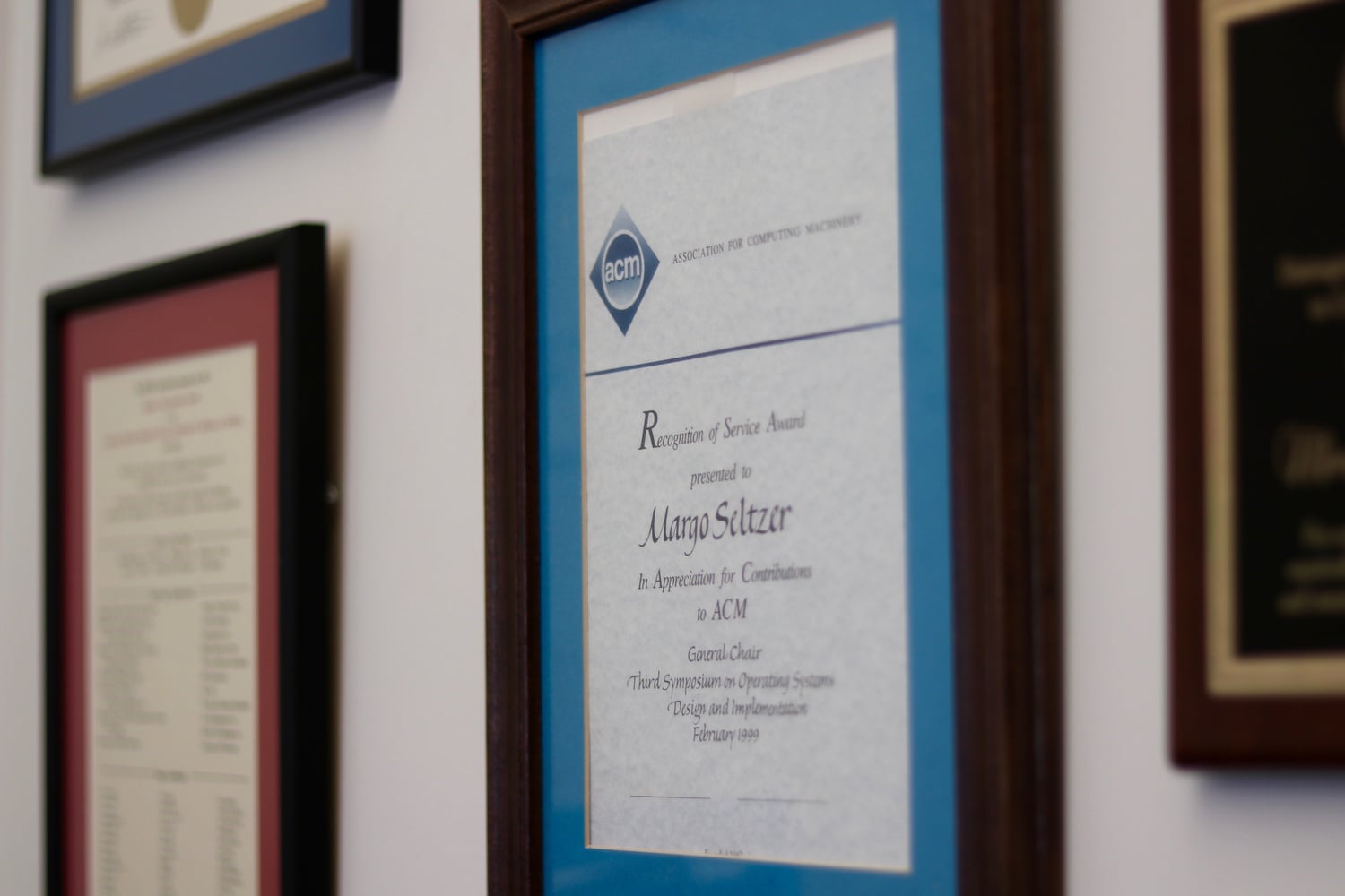 One of many awards hanging in Margo I. Seltzer '83's office. 