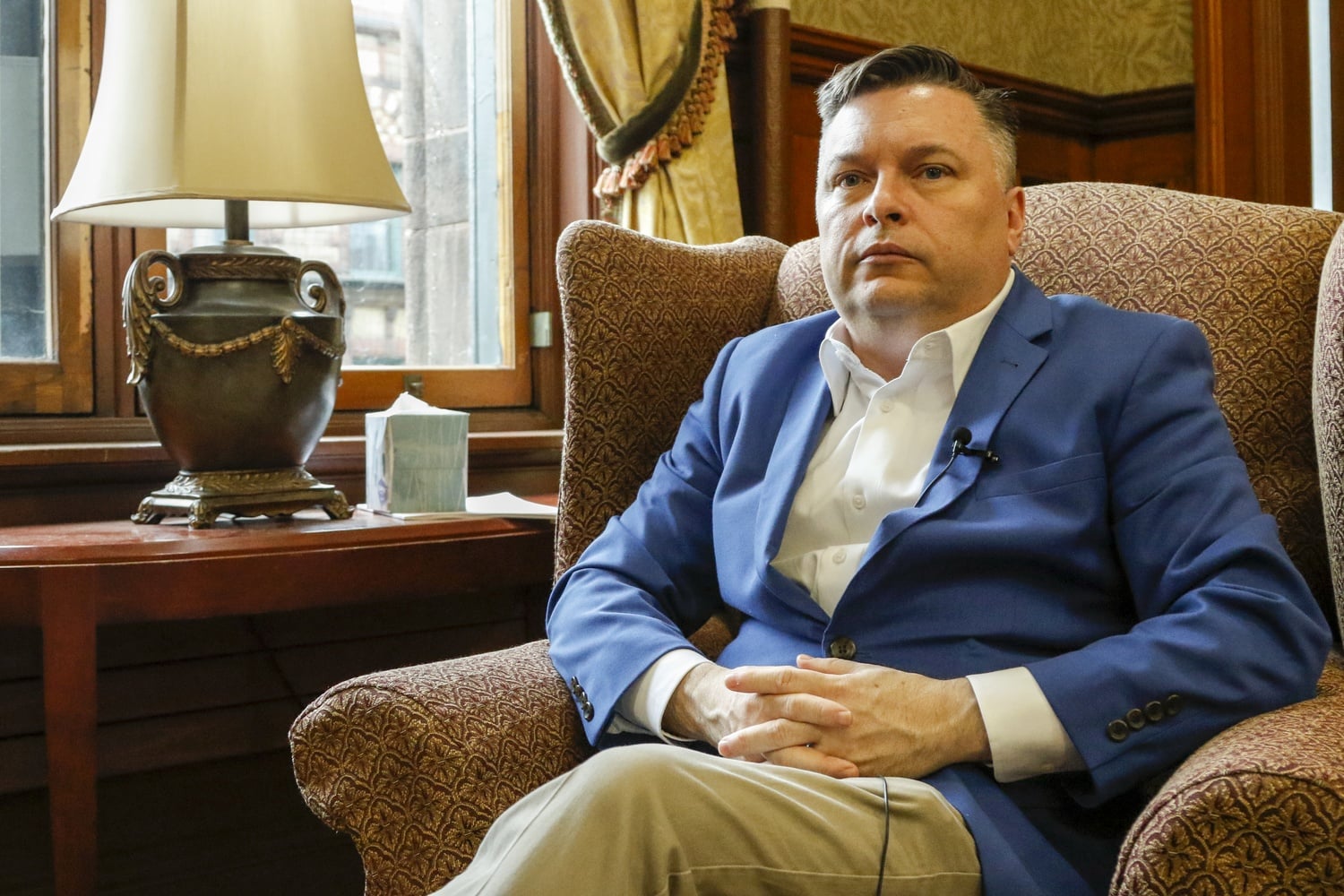 Cambridge Mayor Marc C. McGovern, inaugurated this January, sits in his office.  