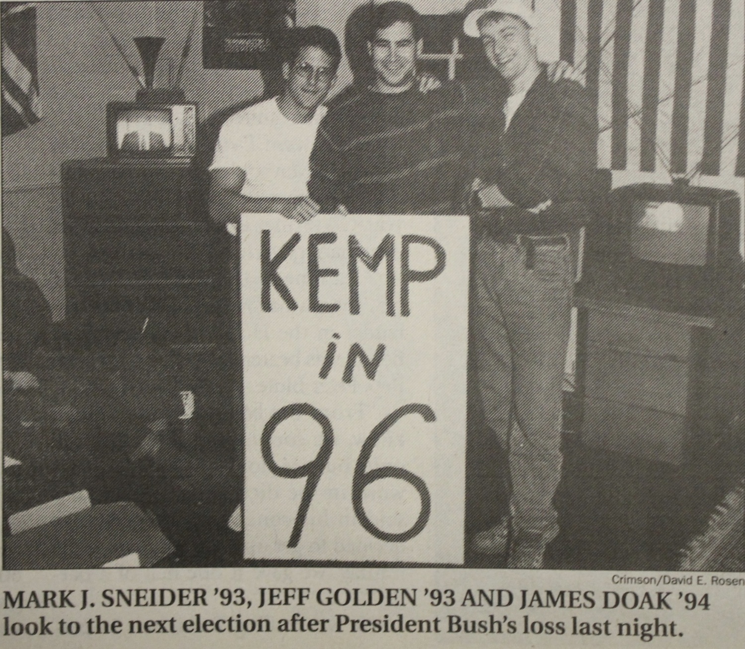 A 1992 Crimson article features students looking ahead to the 1996 election after Clinton's win. 