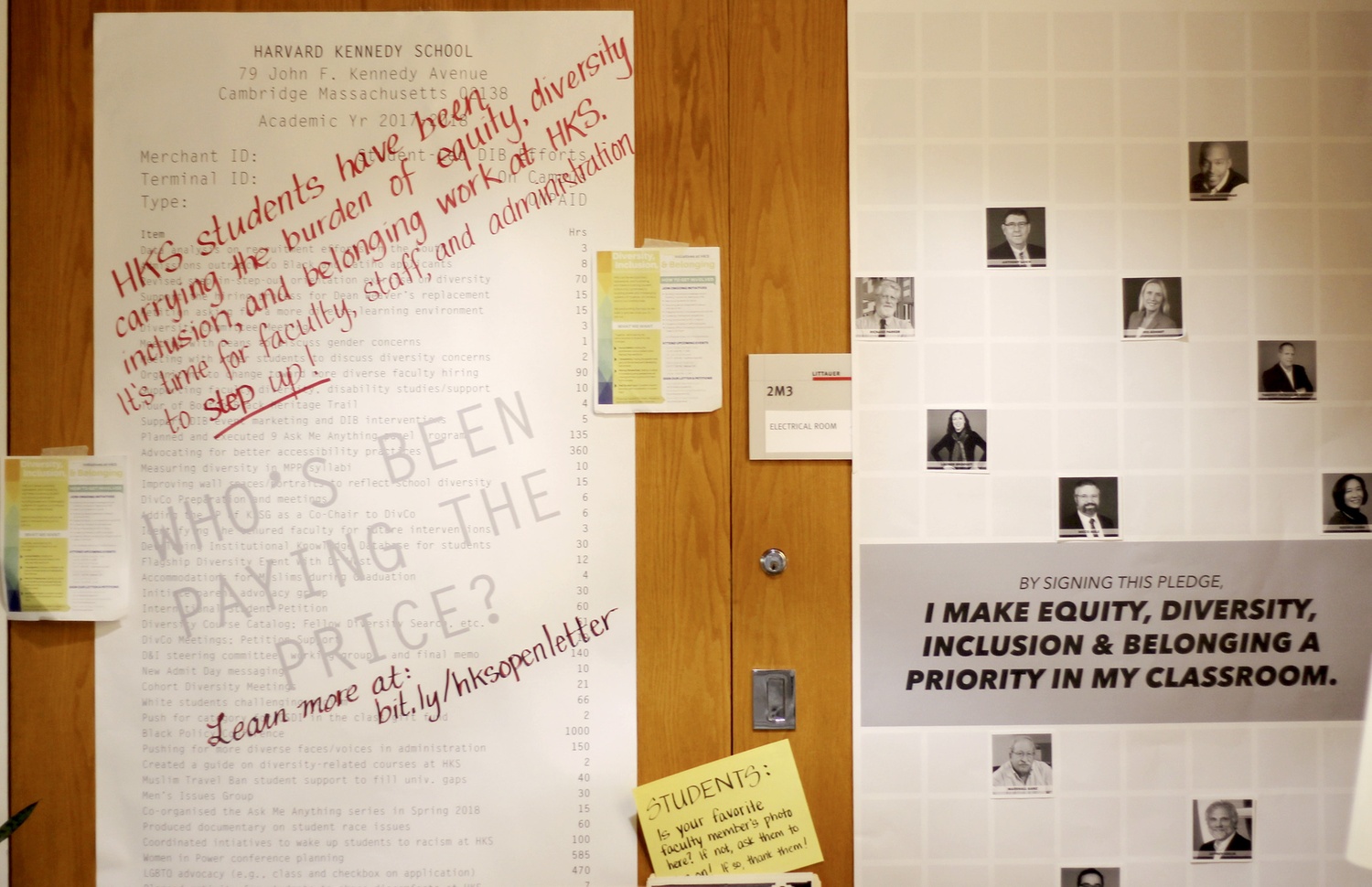 Posters line the wall outside the Dean's office at the Harvard Kennedy School. 
