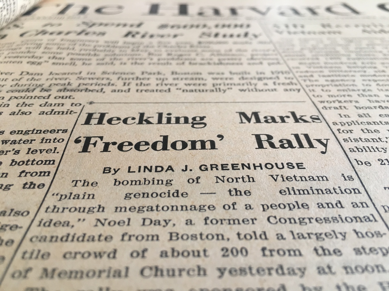 An article written by Linda Greenhouse appears in a 1966 issue of The Crimson. 