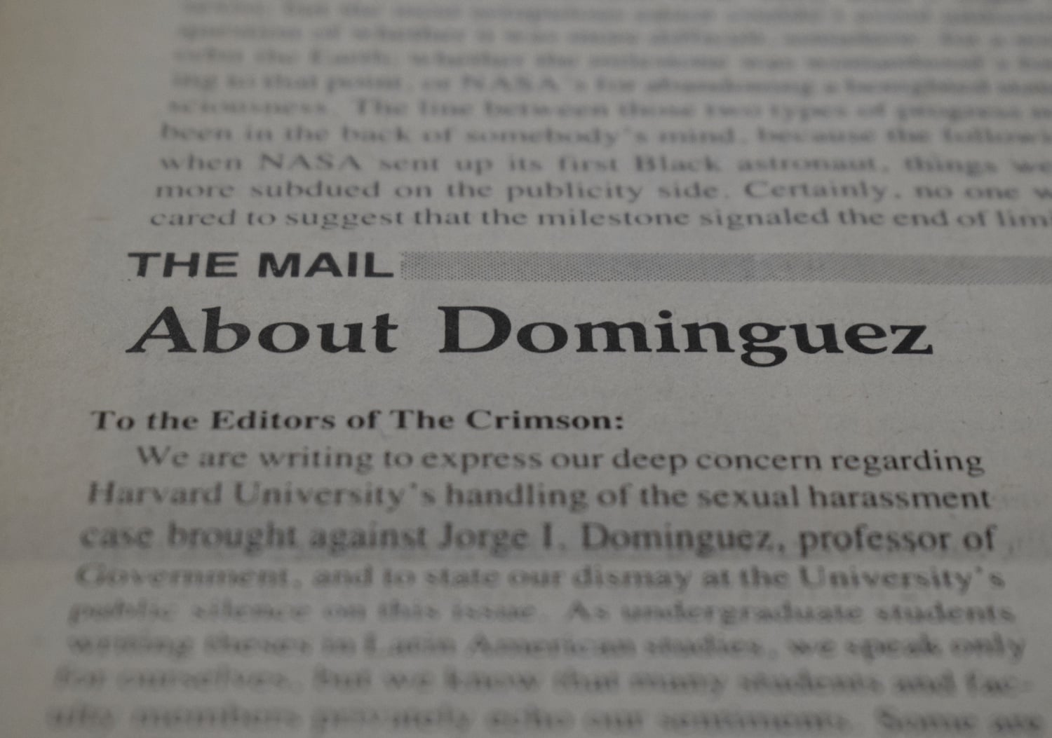 The October 7, 1983 issue of The Crimson featured an op-ed titled "About Dominguez."