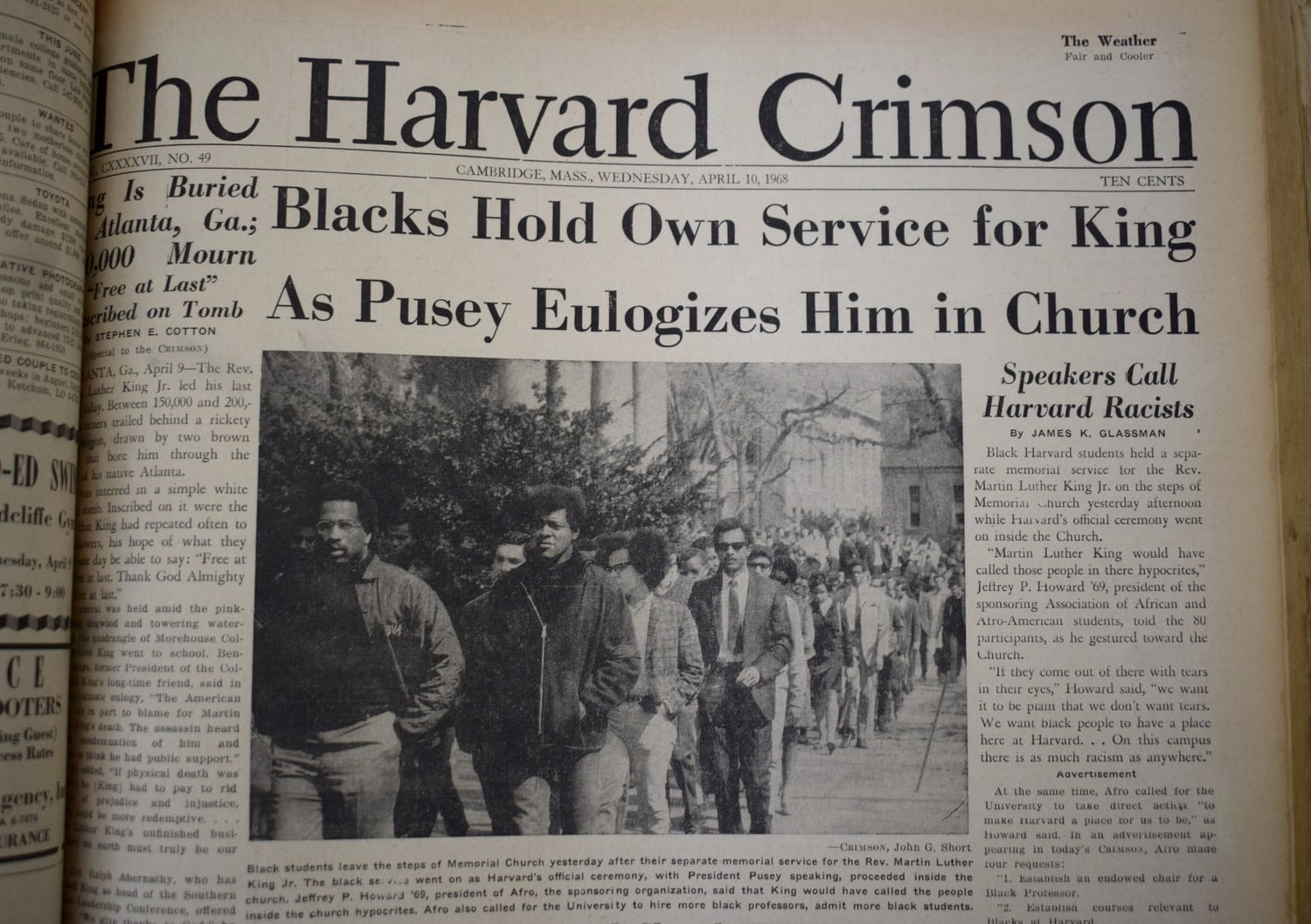 The April 10, 1968 issue of The Harvard Crimson features a story about a separate memorial that black students created for Rev. Martin Luther King Jr. 