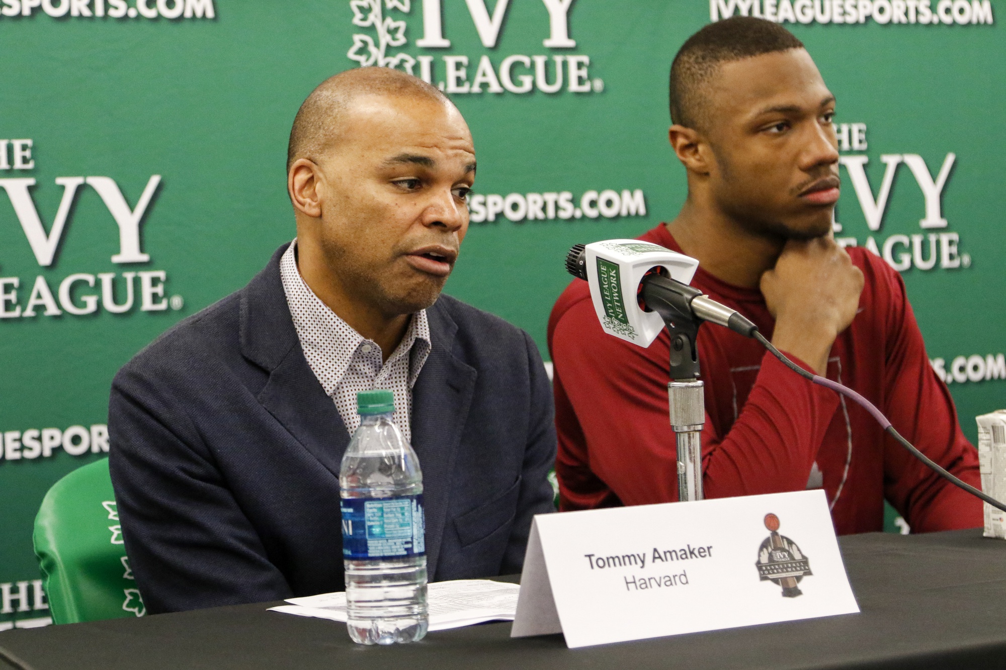Coach Amaker and Chris Lewis address the media following the Crimson’s win over Cornell in the Ivy League tournament. Amaker swayed Lewis—ranked the 68th best player in his class—to come to Cambridge despite having offers since 9th grade. 
