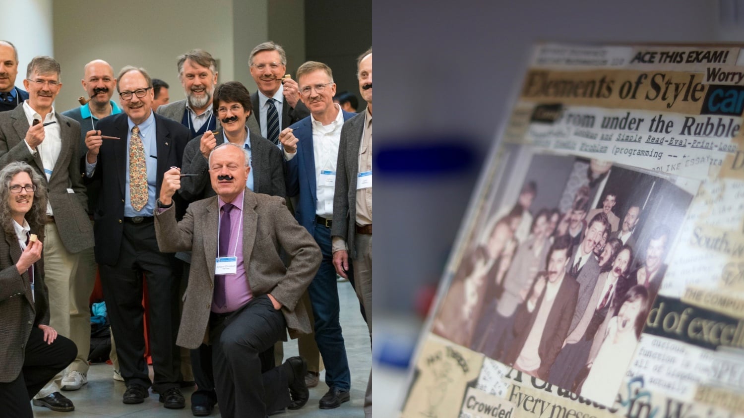 On the left, Margo I. Seltzer '83 and current and former Harvard colleagues recreate a photo they took for Halloween 1982—in which all are dressed to look like Computer Science professor and former Dean of the College Harry R. Lewis '68. On the right, the original photo.