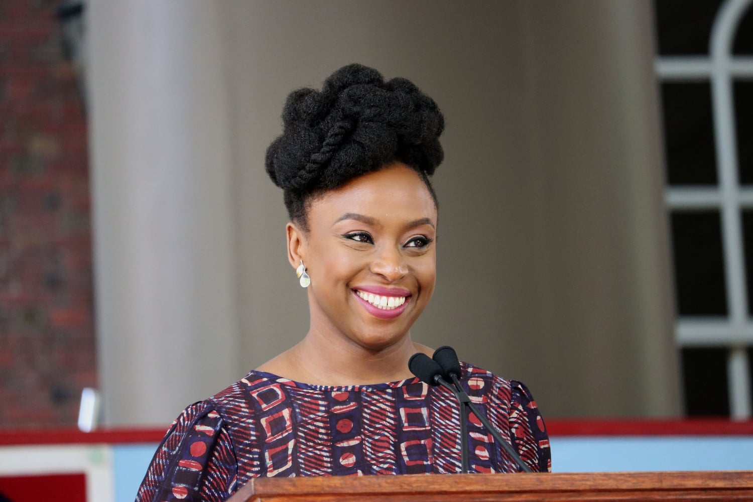 Class Day Speaker Chimamanda Ngozi Adichie addresses the graduating class of 2018 in Tercentenary Theatre Wednesday afternoon.