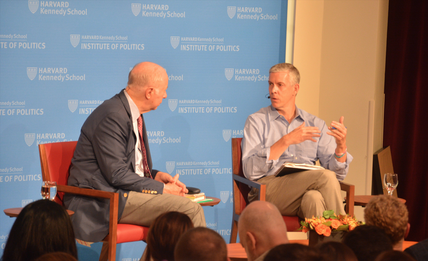 Former Secretary of Education Arne S. Duncan '87 shares his thoughts about American education Tuesday night at the Institute of Politics.