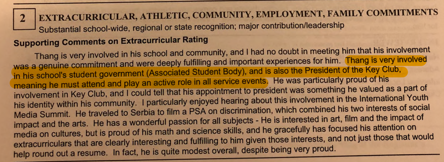 Diep was president of the Key Club and a member of his high school's student government. (Highlighting added by Crimson staff.)