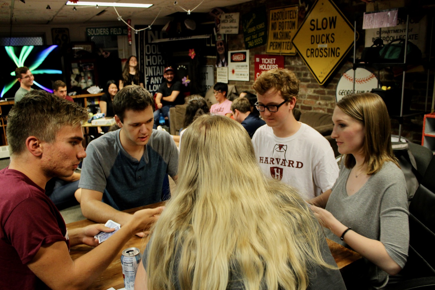 9:28 p.m. Members of the Harvard University Band play an intense round of cards at HUB game night.