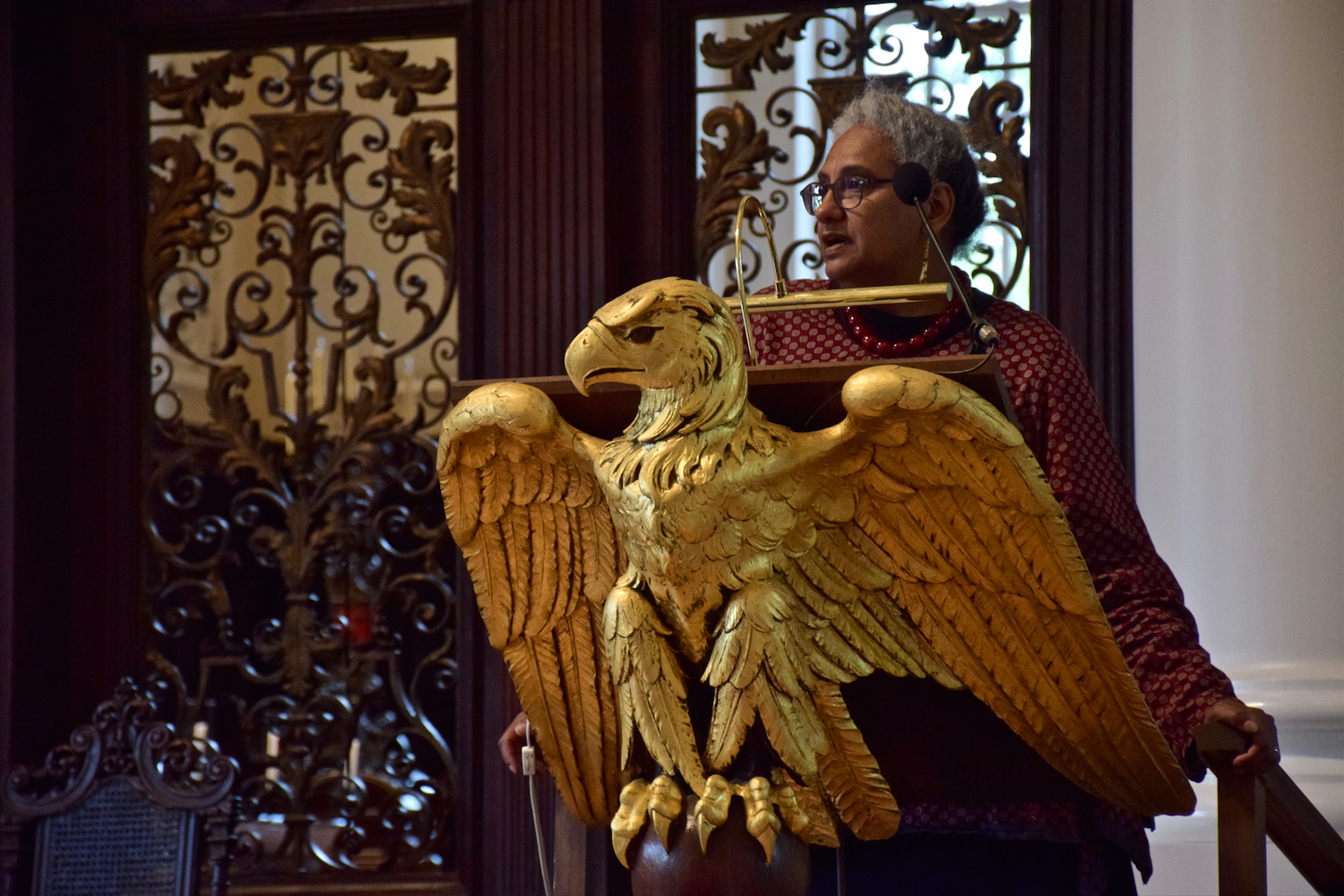 Elizabeth Solomon, a member of the Massachusetts Tribe at Ponkapoag and the Assistant Director of Academic Affairs and Fellowship Programs at HSPH, speaks at the College's inaugural Latinx Convocation.