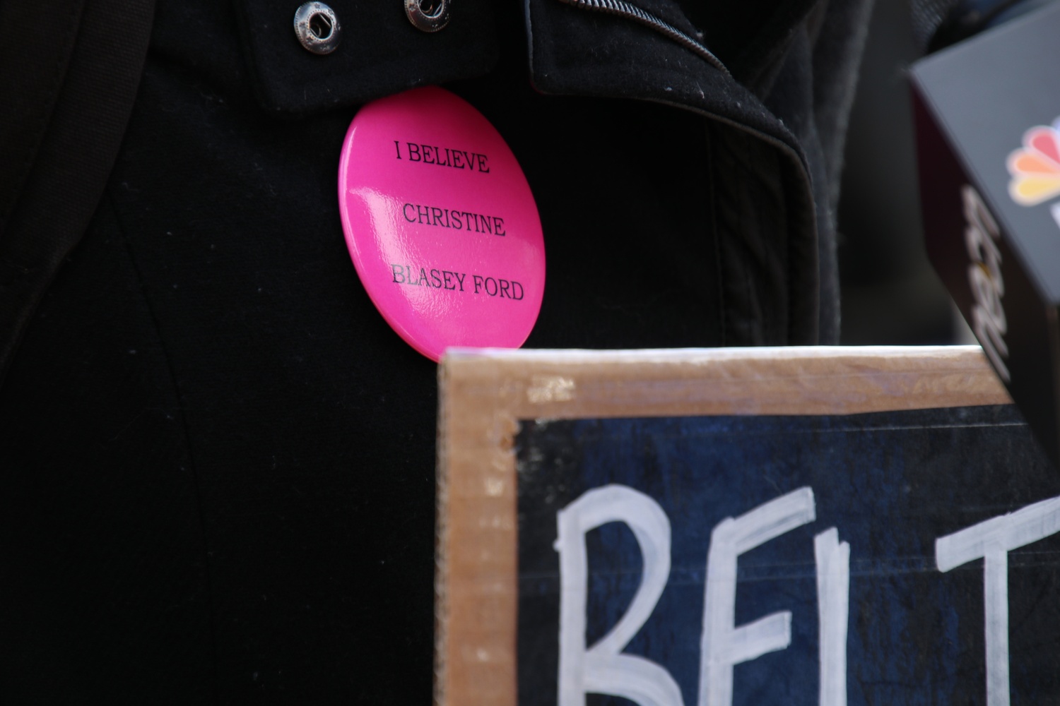 At a walkout Monday, HLS students wore buttons in support of Christine Blasey Ford, a professor alleging Supreme Court nominee Brett M. Kavanaugh sexually assaulted her when they were both teenagers.