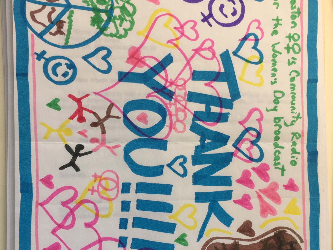 A thank you note sent to Women's Radio for their International Women's Day broadcast.