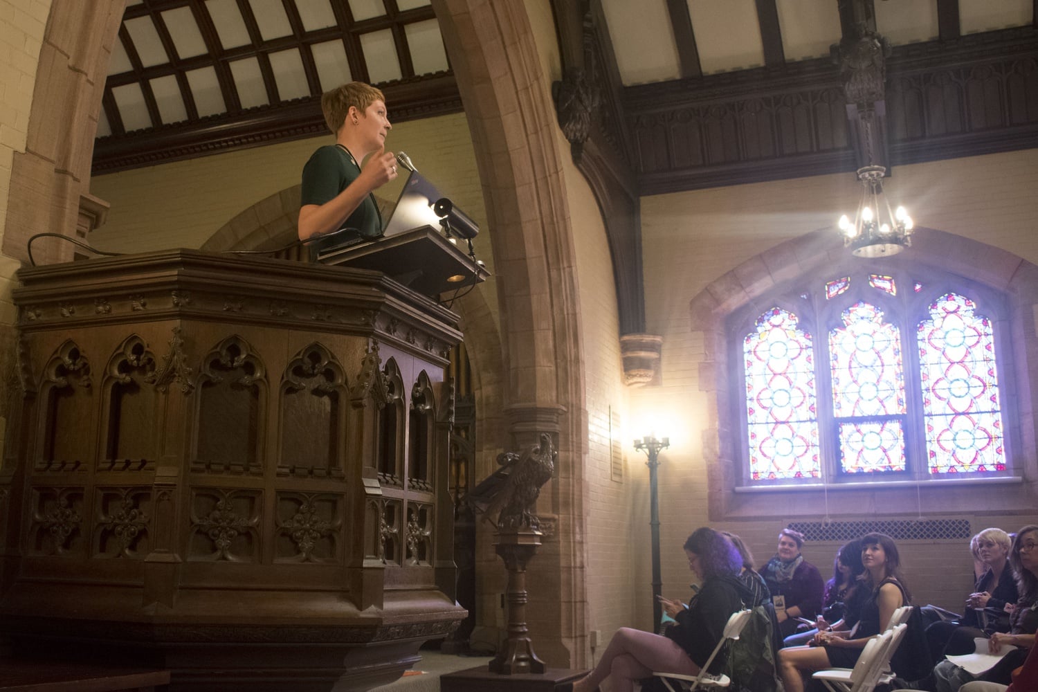 Robin S. Lacy speaks on death houses and winter burials in Canada at the Death Salon in Story Chapel.