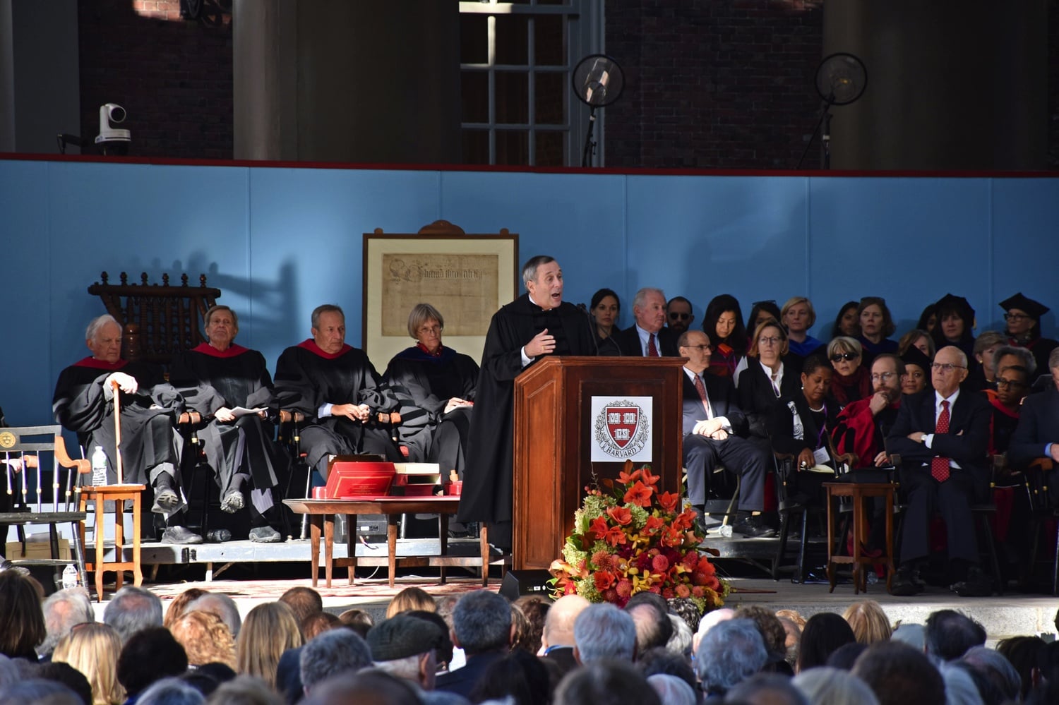 Harvard President Lawrence S. Bacow, pictured here at his inauguration in 2018, said in an interview Friday that the University will not remove the Sackler name from campus buildings.