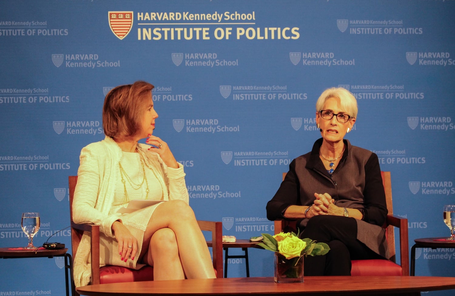 Nancy Gibbs (left) in conversation with Ambassador Wendy R. Sherman at Harvard's Institute of Politics in October 2018.