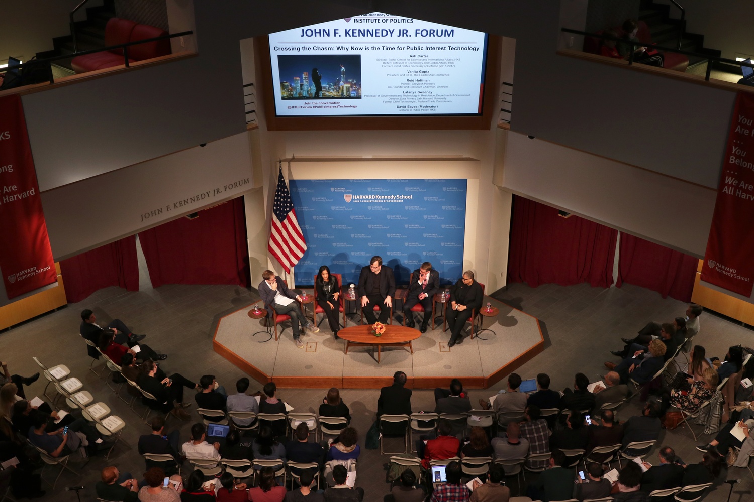 An all-star panel hosted by the Institute of Politics featuring professors, corporate founders, and public servants discusses public interest technology on Friday evening.