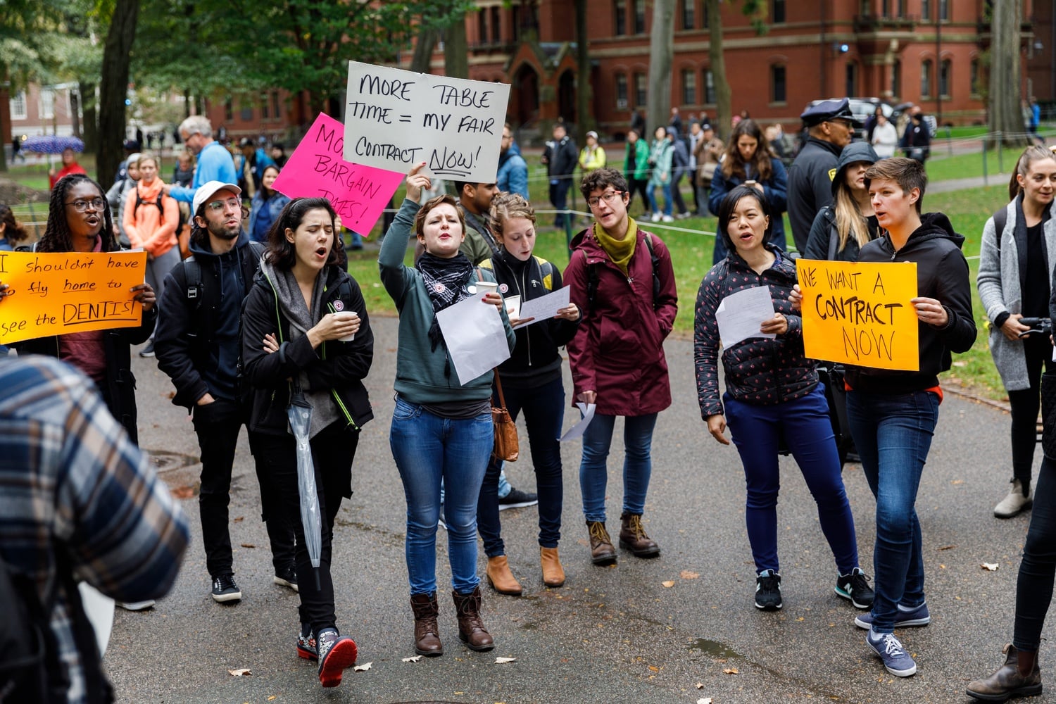 Harvard Graduate Students Union marked the launch of their historic bargaining sessions with the University in October 2018 by holding a "Bargainfest" celebration by the John Harvard statue.