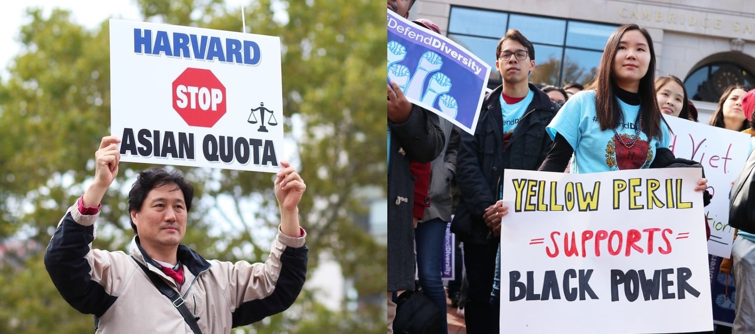 Protesters hoist opposing signs at two different rallies — separated by four miles and a vast ideological chasm — held in Boston and Cambridge the day before the launch of the Harvard admissions trial.