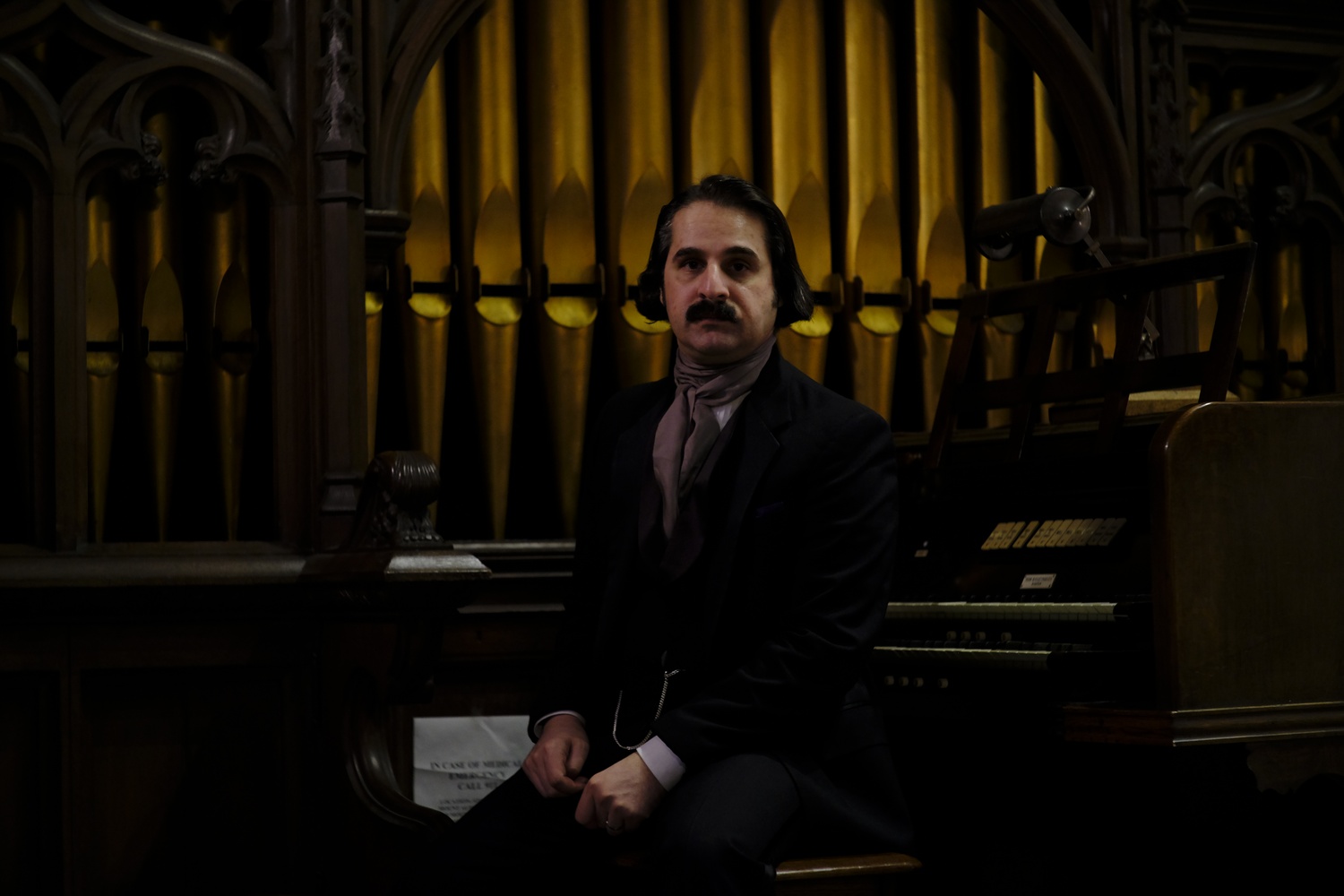 Rob Velella impersonates Edgar Allan Poe at Mt. Auburn Cemetery's Story Chapel on Saturday afternoon.