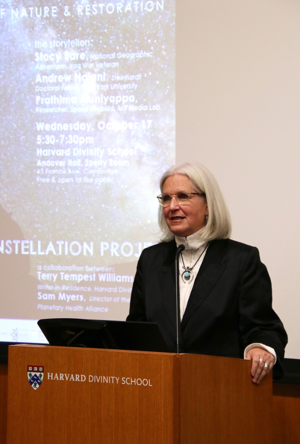 Terry Tempest Williams offers closing remarks following the three speakers' presentations during the Wednesday evening event, "Taproot: Stories of Nature & Restoration."