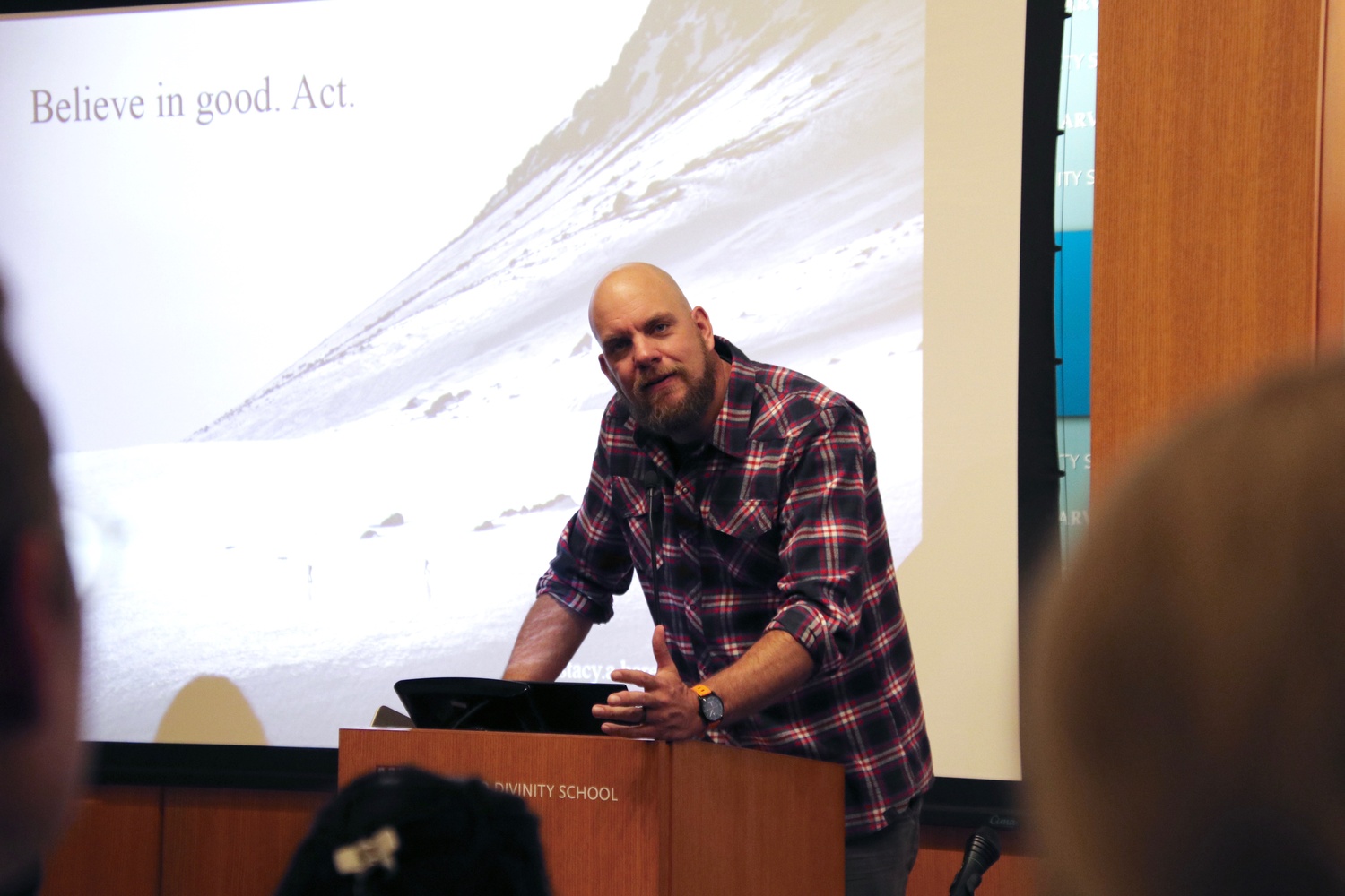Stacy A. Bare, Founder of Adventure Not War and National Geographic Adventurer, speaks about his experiences and connection to the outdoors Wednesday evening at Harvard Divinity School.