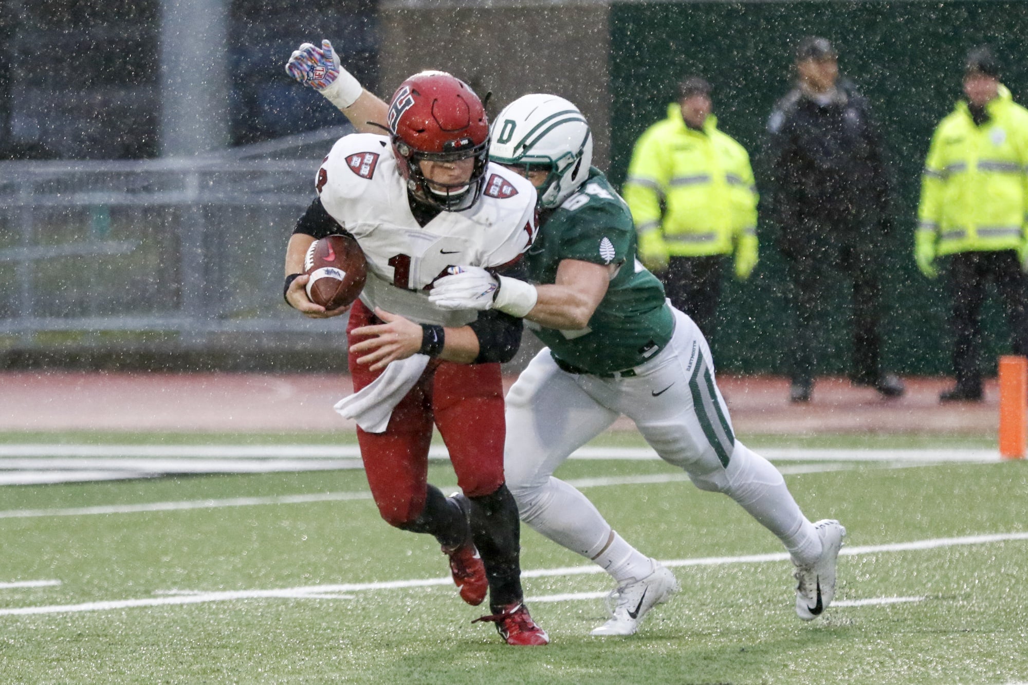 Harvard failed to score in the first half, hurt by a series of fumbles that eliminated scoring chances.