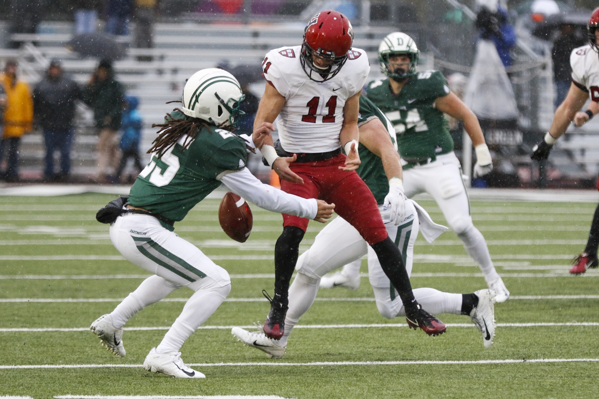 The Hanover weather was wet and cold, leading to many dropped passes and fumbled carries.