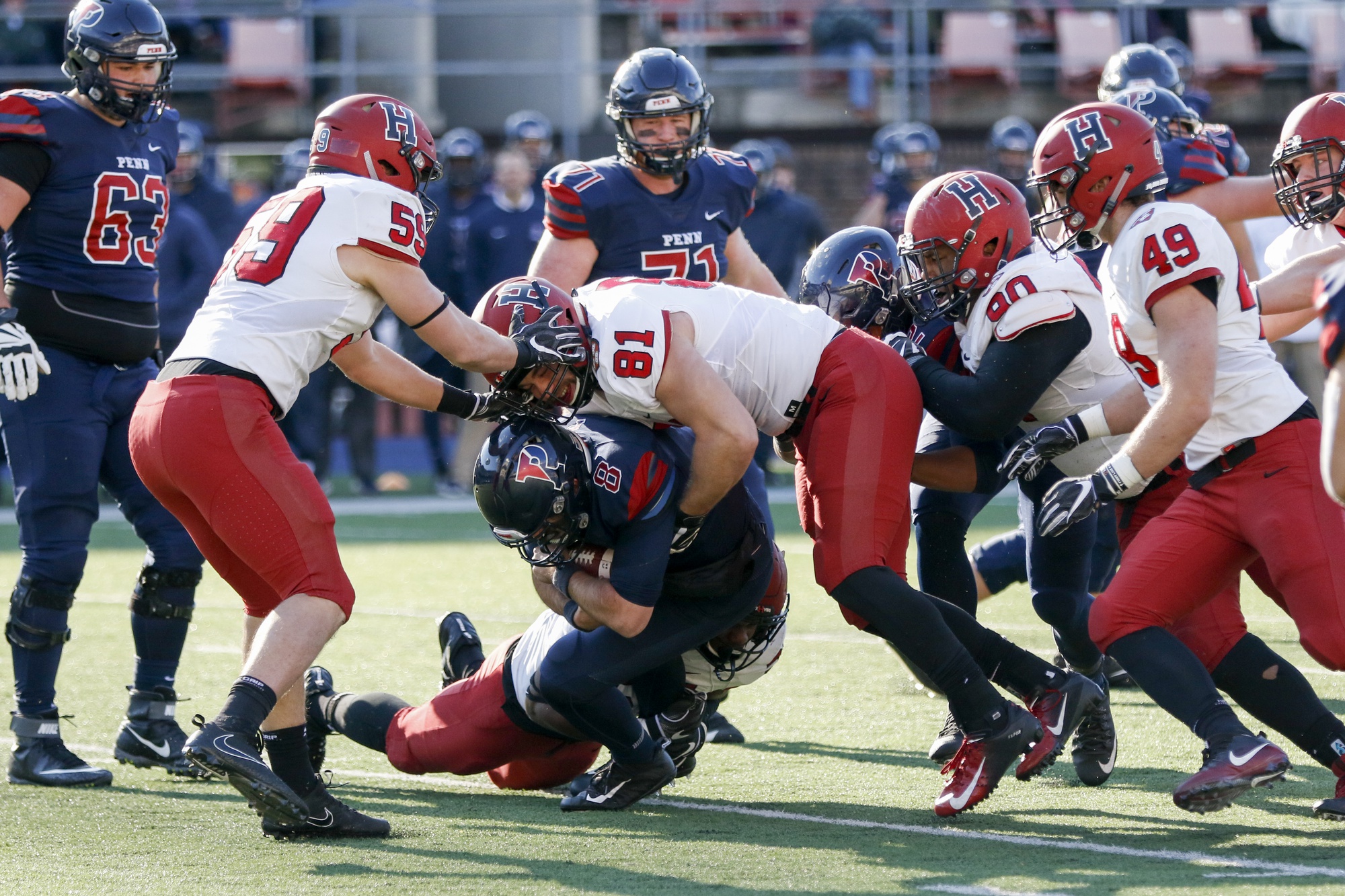 The Crimson defense dominated on Saturday, manhandling Penn on all but two drives. Harvard also won the turnover battle, four the one.