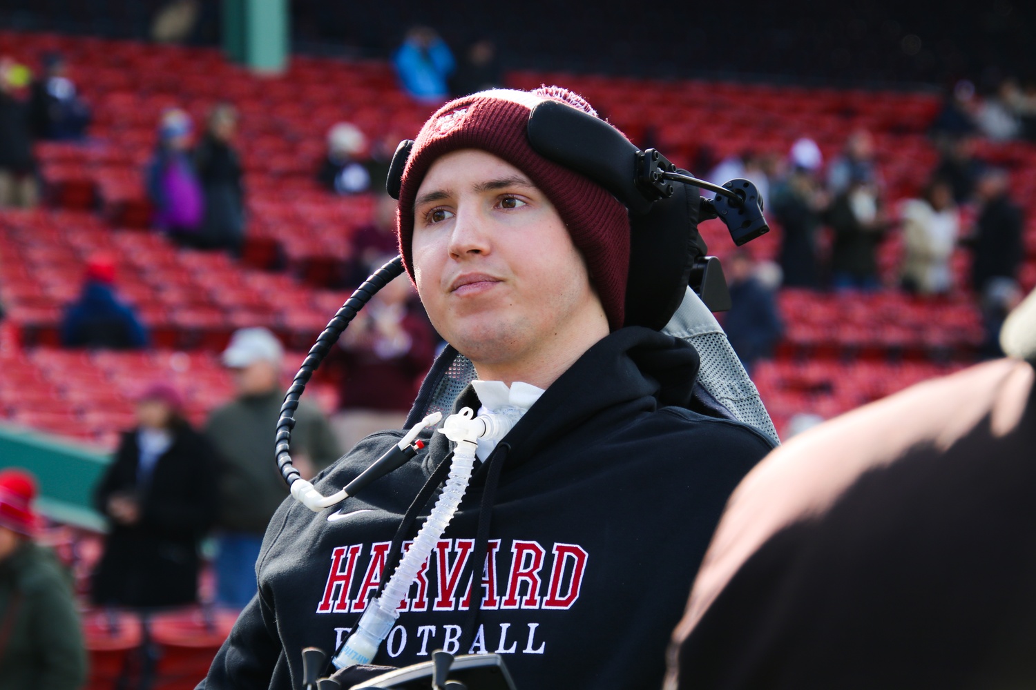 At the conclusion of a practice before The Game, Abercrombie visited Harvard Stadium to catch up with his team.