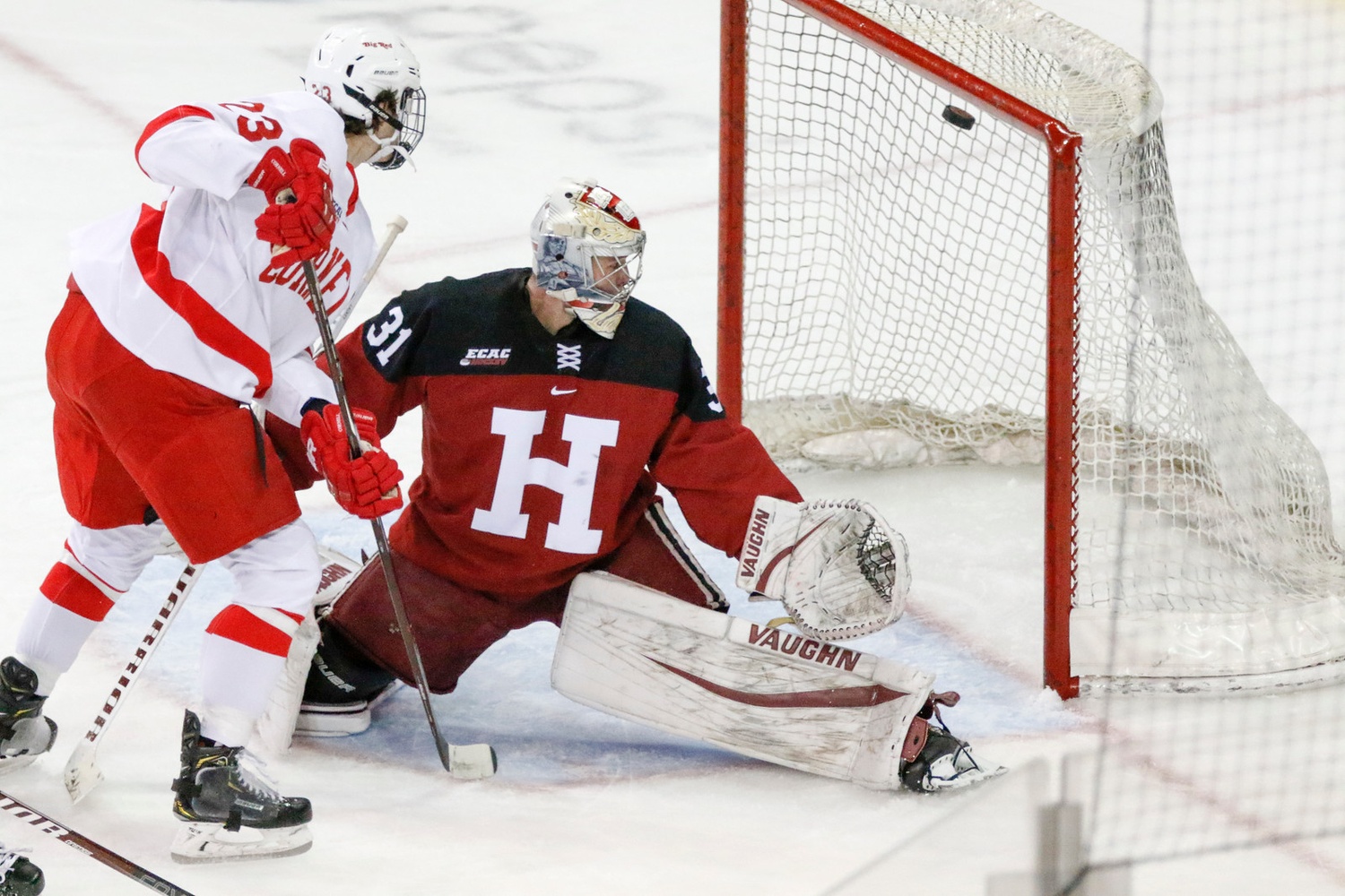 Cornell opened the scoring in the first period, courtesy of freshman forward Liam Motley's deflection. Harvard also ceded the first goal in its previous three MSG bouts.