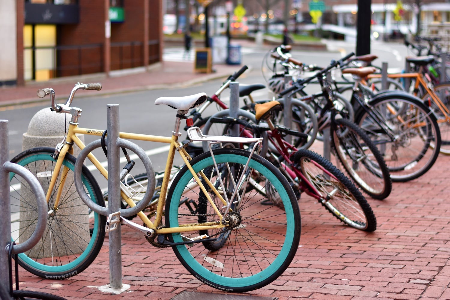 A bike rack on Brattle Street in Cambridge.