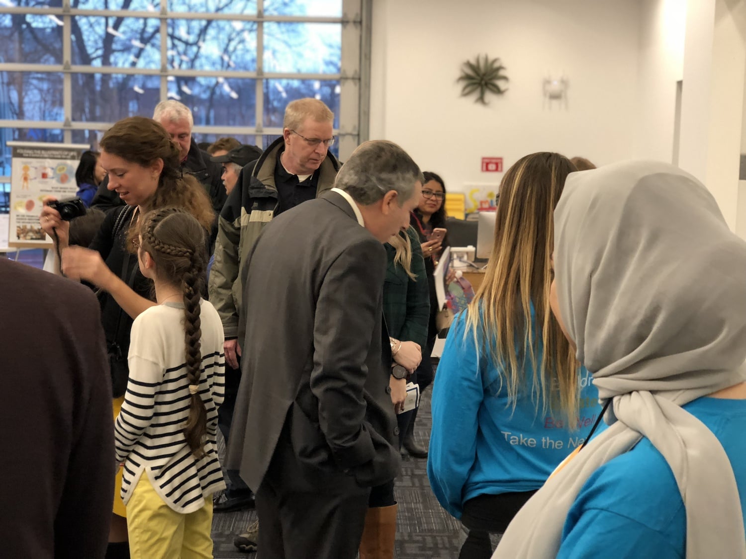 University President Lawrence S. Bacow visited the Allston Ed Portal Sunday.