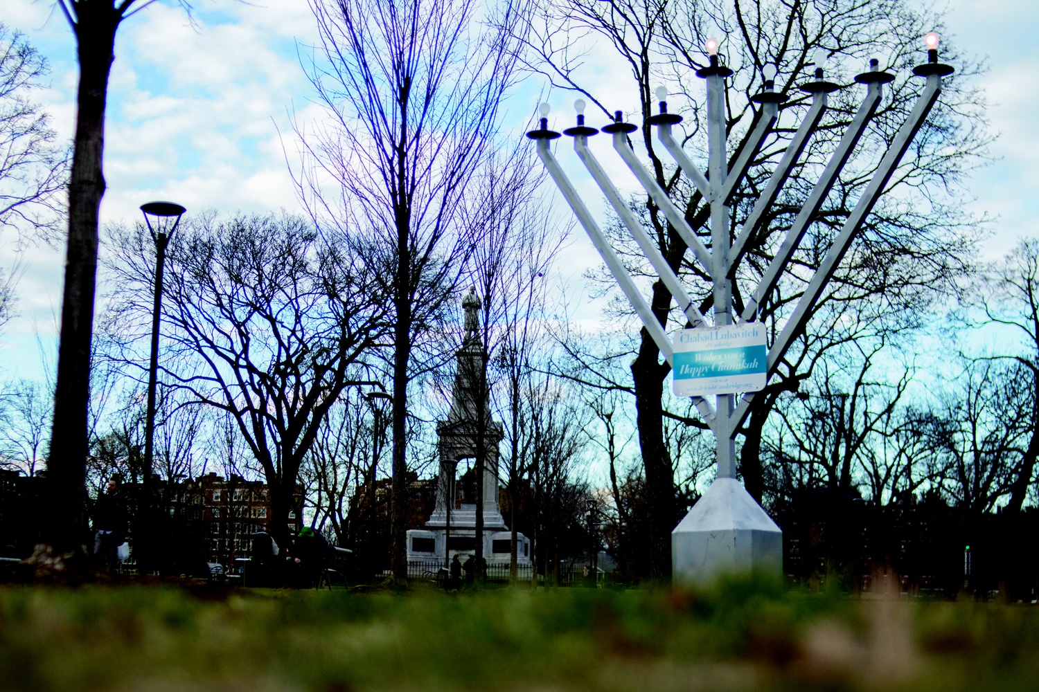 The menorah standing in Cambridge Common, which a man toppled over Sunday in what police are investigating as a "possible hate crime."