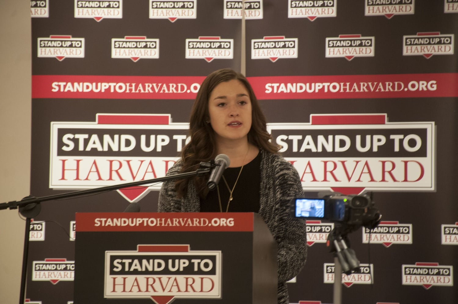 Rebecca J. Ramos '17 speaks at a press conference concerning the lawsuit facing Harvard regarding the sanctions on social clubs.