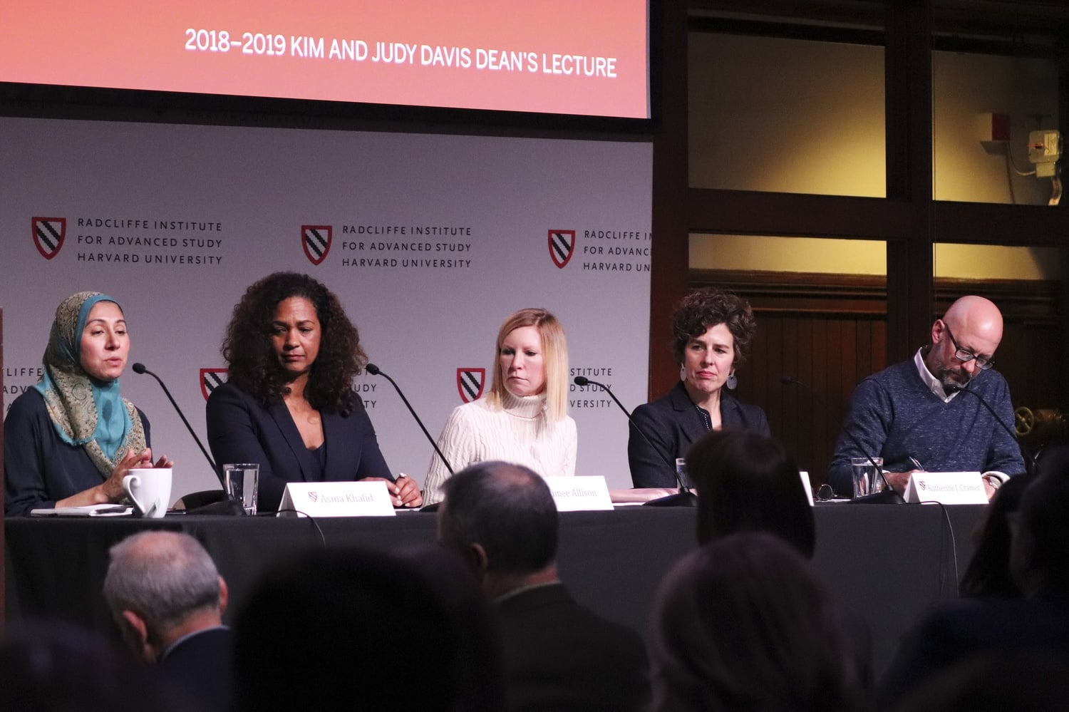Asma Khalid, a political reporter for NPR, introduces panelists at an event discussing the 2018 midterm elections Tuesday afternoon in the Knafel Center at the Radcliffe Institute.