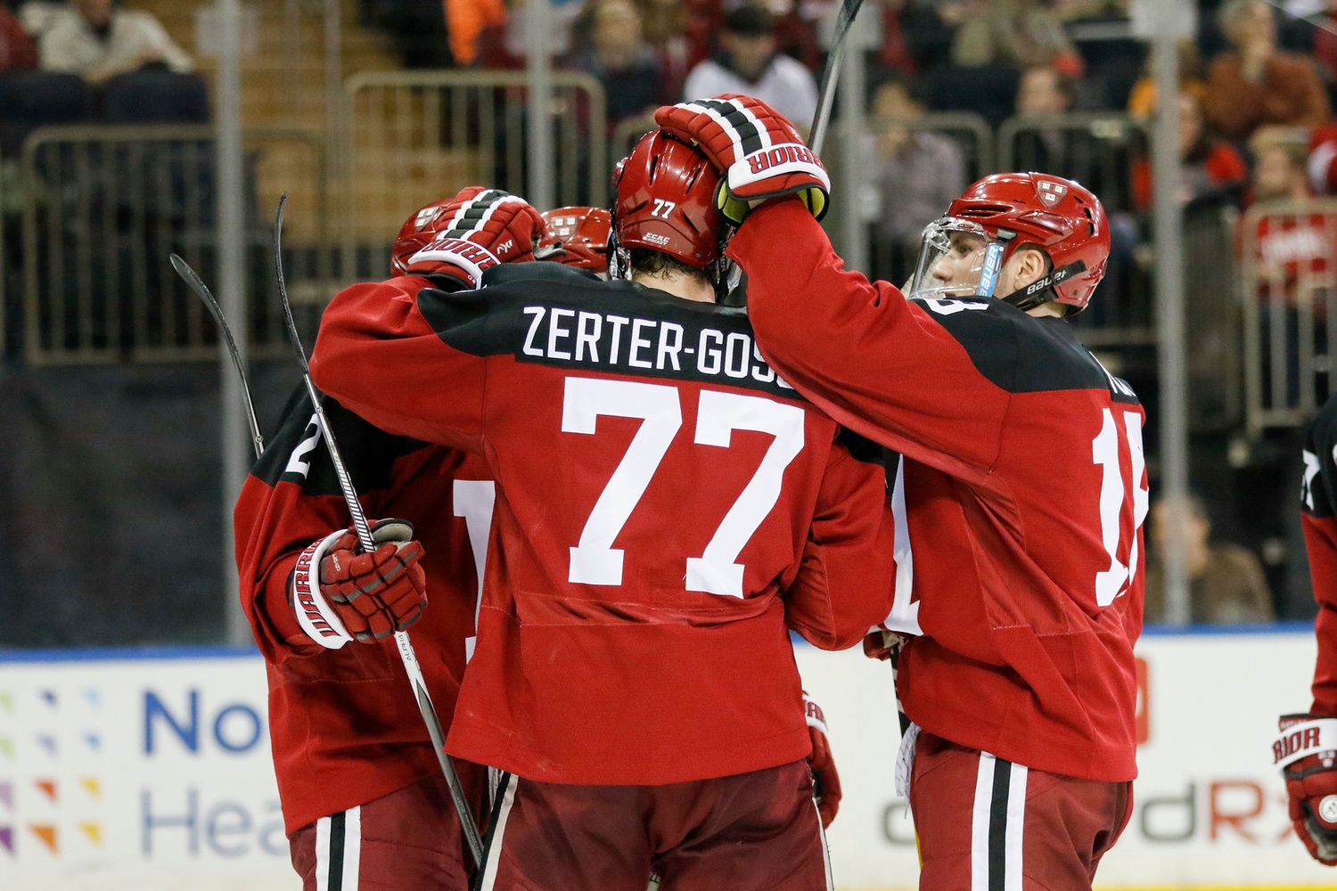 The Crimson powerplay, pictured here after scoring versus the Big Red at Madison Square Garden in November, leads the nation in execution rate (35.7%).