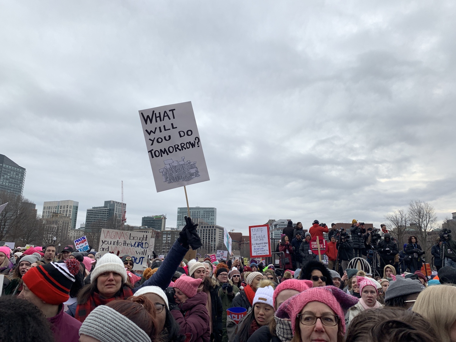 Attendees at the Boston Women's March gather in Boston Common to hear speeches from leaders of various local advocacy groups including the American Civil Liberties Union of Massachusetts and the Boston branch of the National Association for the Advancement of Colored People.