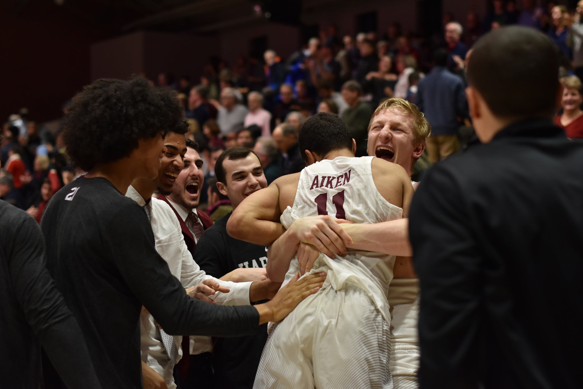 The team rejoices after its triple overtime victory over Columbia.