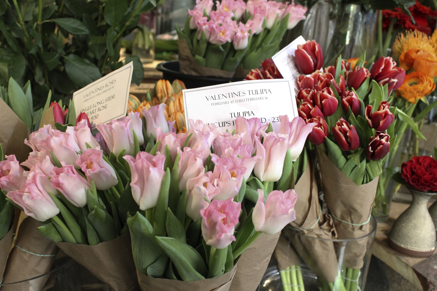 Petali flower shop in Cambridge rang in Valentine's day with thematic pink-and-red floral arrangements.
