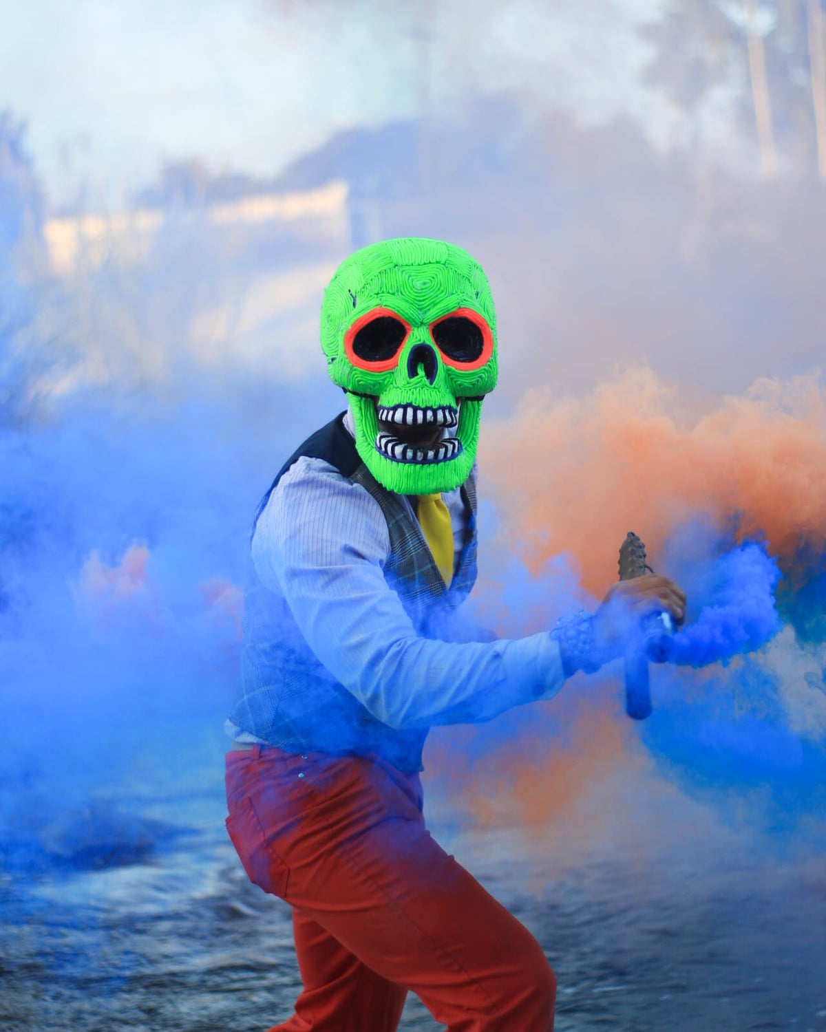 Butch dons his neon green skull.