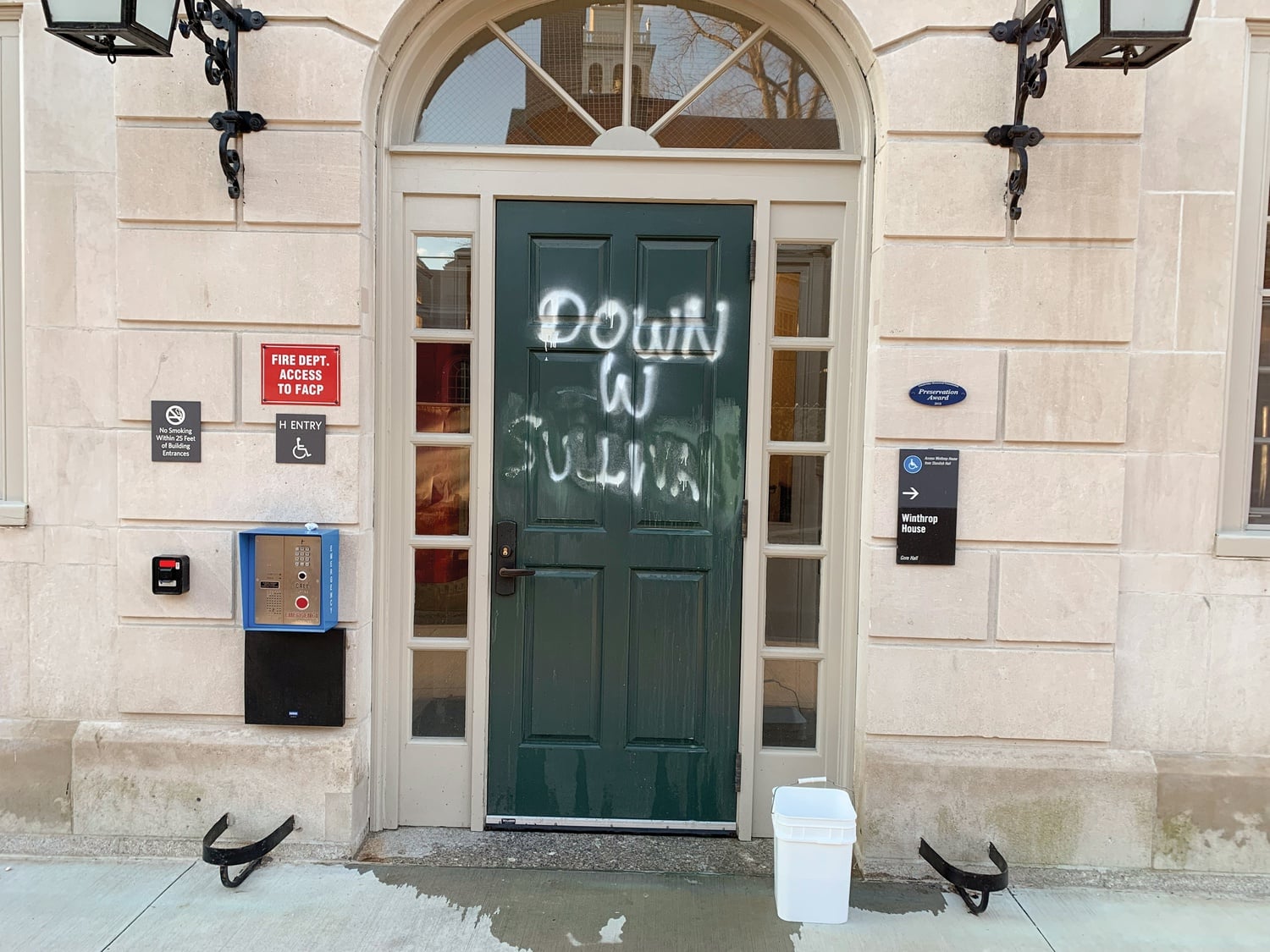 After Winthrop House was vandalized, the "Down W Sullivan" graffitied on one of the house's doors was quickly cleaned off.