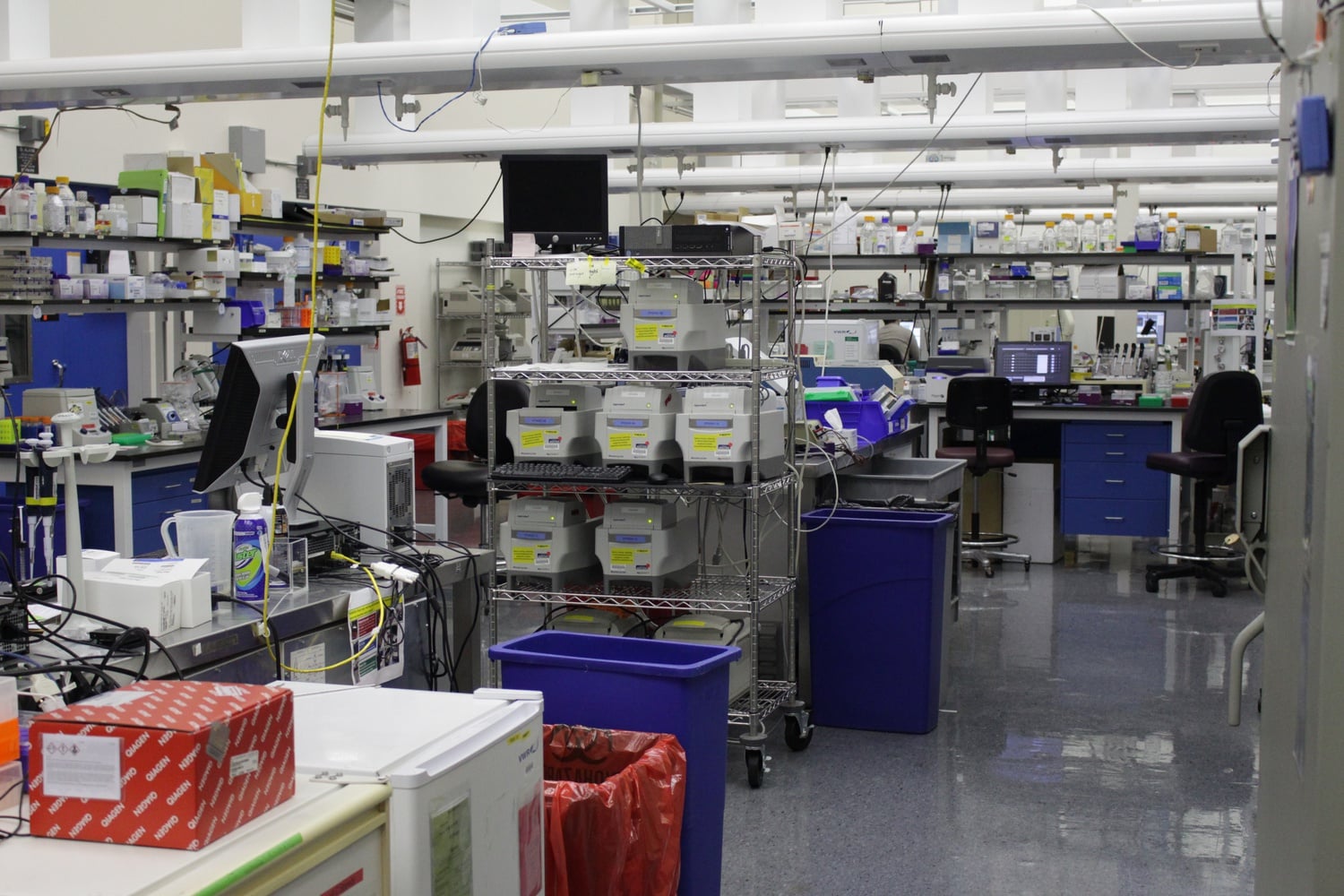 At the Broad Institute, researchers perform technical procedures and experiments in the wet laboratories