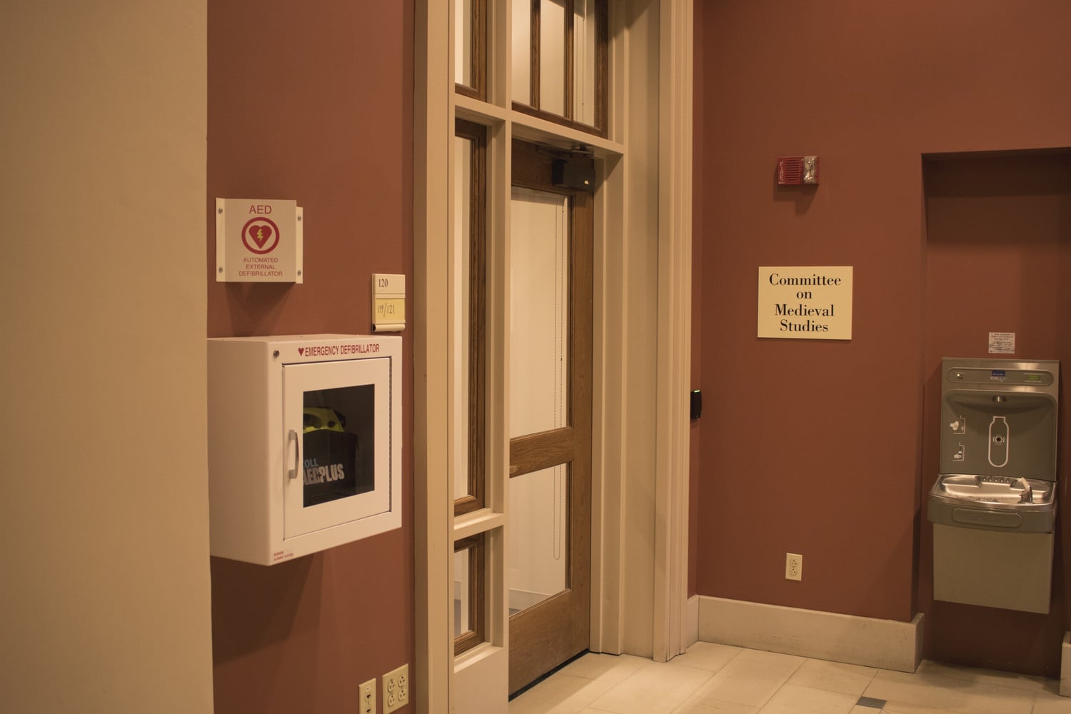 An AED box in the Barker Center. Two College students failed to convince Harvard University Health Services to put naloxone in AED boxes across campus.