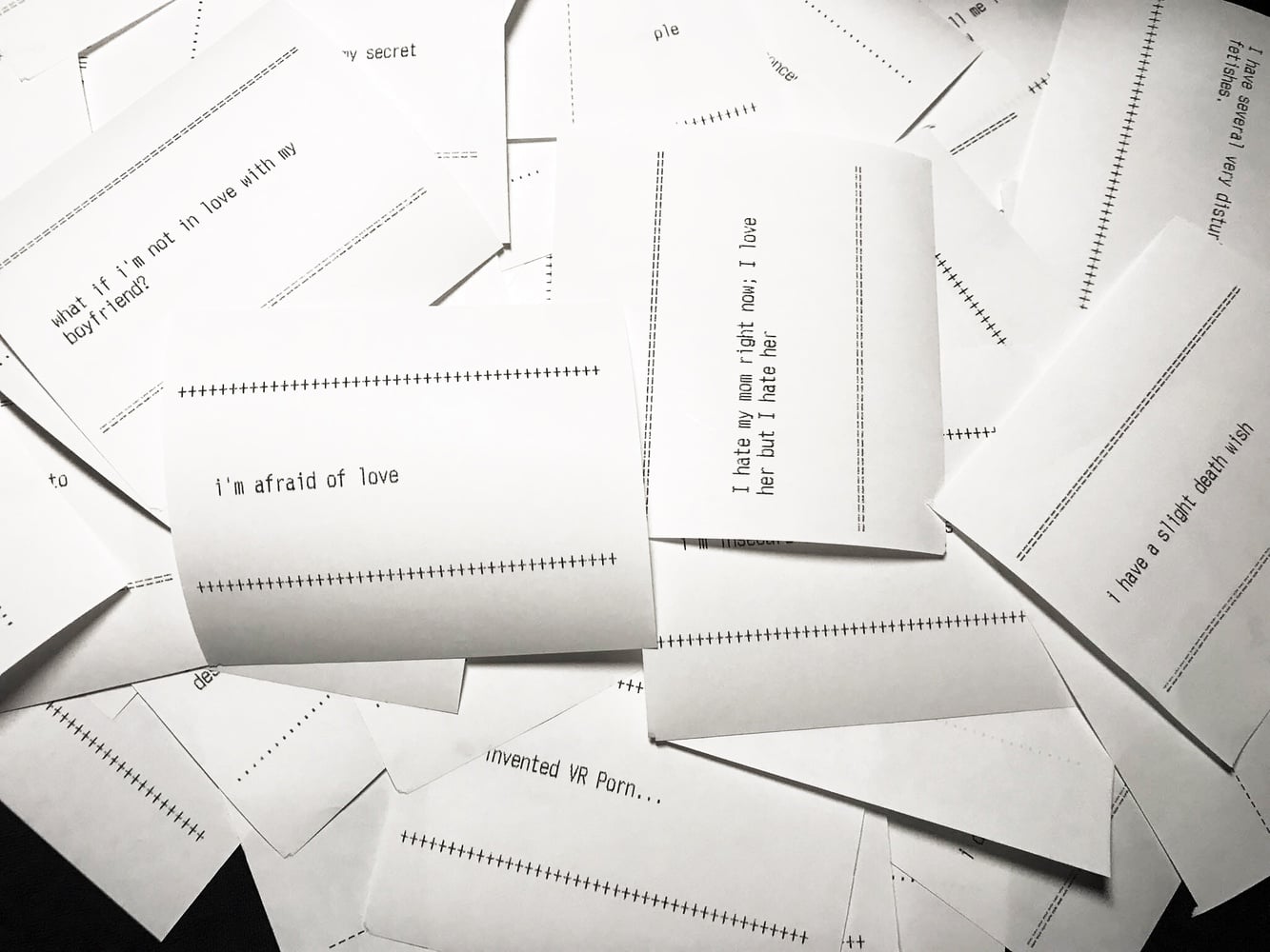 In the digital installation of “Secrets,” participants type their secrets into a computer and receive a printed copy of another person's secret. The nature of the secrets submitted to this international project varied between countries, cultures, and languages.