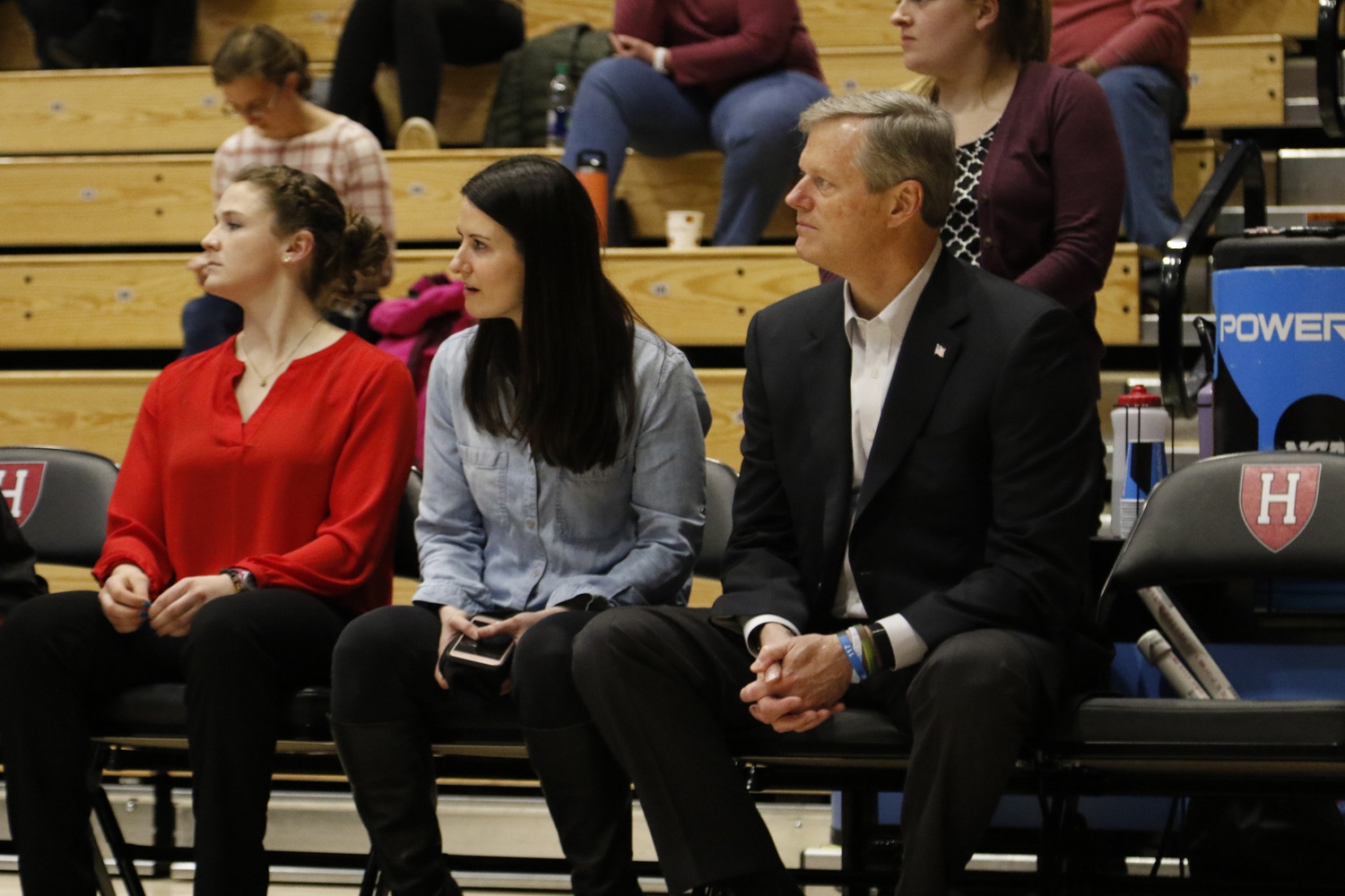 Massachusetts governor and former Harvard basketball player Charlie Baker, pictured at Harvard's senior night in 2019, will serve as the NCAA's next president.